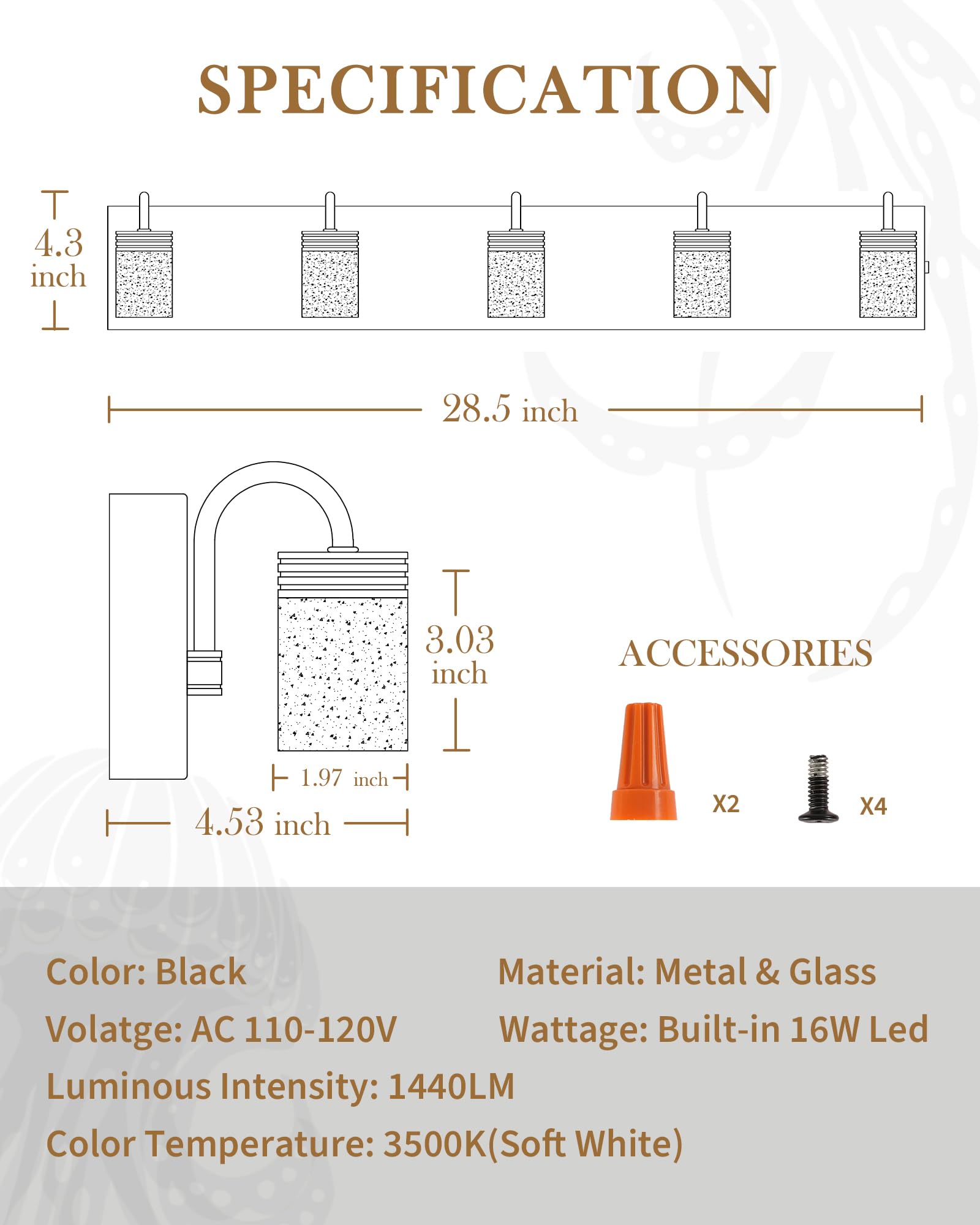 4 Lights Dimmable Crystal LED Vanity Light, Modern Matte Black Bathroom Light Fixtures 16W 3000/4000/5000K, LMS-193