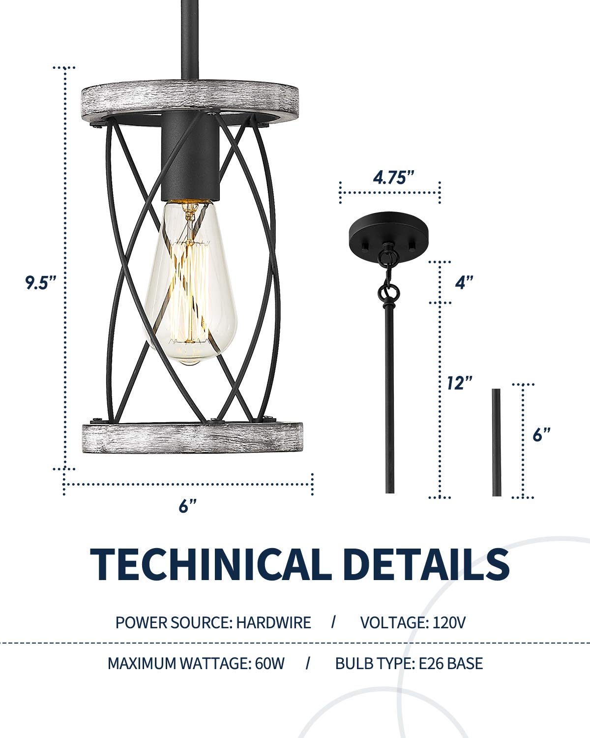 Pendant Light Fixtures, Farmhouse Wood and Glass Pendant Lighting for Kitchen Island, Rustic Length Adjustable MD89437