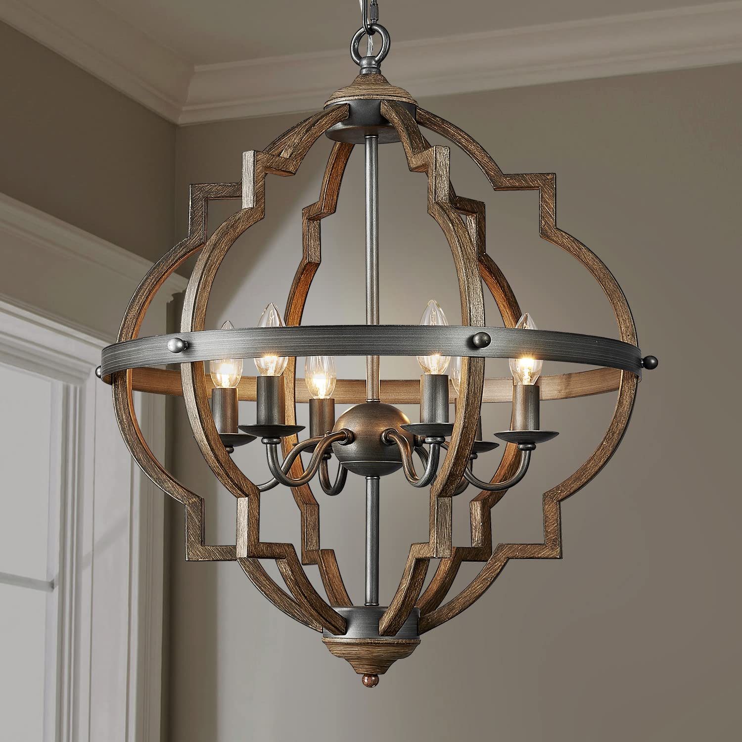 6-Lights Farmhouse Chandelier Light Fixture, Rustic Globe Chandelier for Dining Room, Pendant Light Fixtures,H29 x D21, Adjustable Hanging Chain, Wood Grain Metal Frame