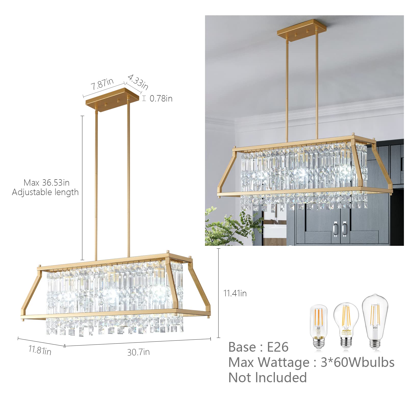 4-Light Dining Room Light Fixture 11.81 inch Square Lndustrial Farmhouse Chandelier Gold Metal Crystal Pendant Light for Kitchen Island Dining Room Living Room Flat and Inclined Ceiling