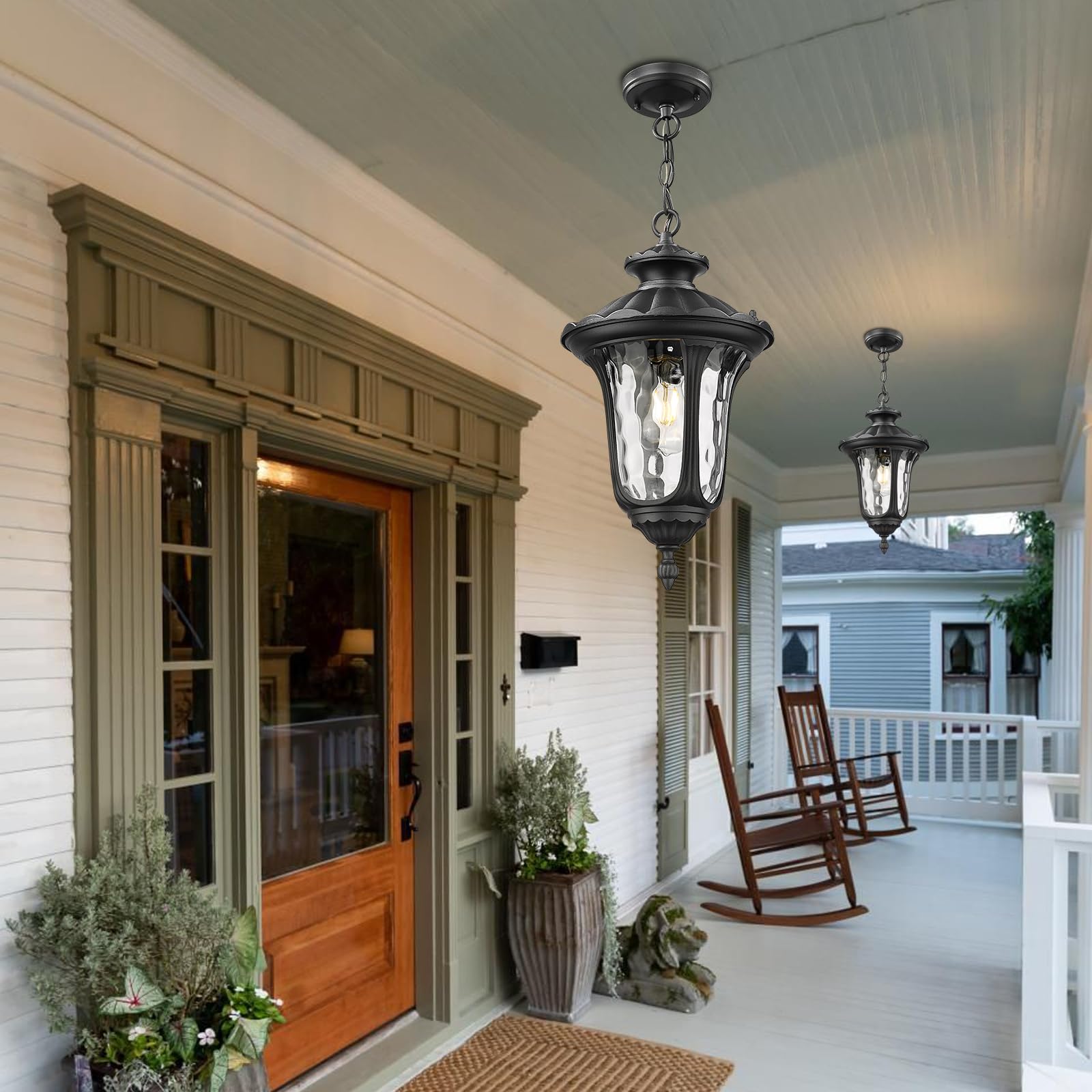 Outdoor Pendant Light for Porch, Exterior Hanging Lantern Outdoor Chandelier in Black Finish for Entryway, Doorway, Farmhouse, Foyer