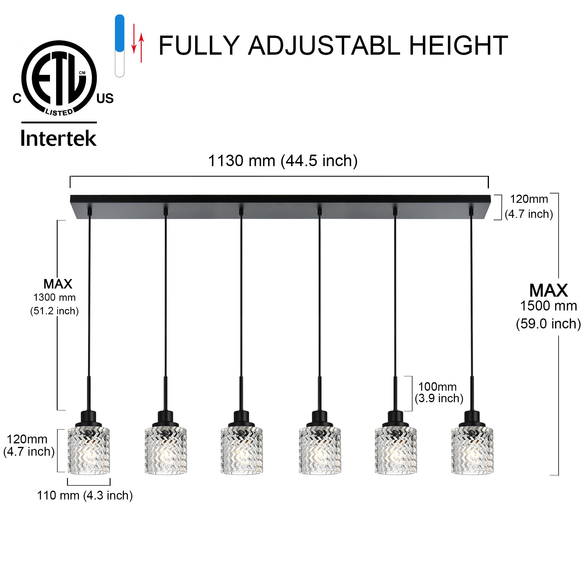 6 Lights Linear Chandeliers for Dining Room, Black Island Lighting Fixture Hanging Pendant Lights with Hammered Glass Shade for Kitchen Island, Dining Hall, Bar