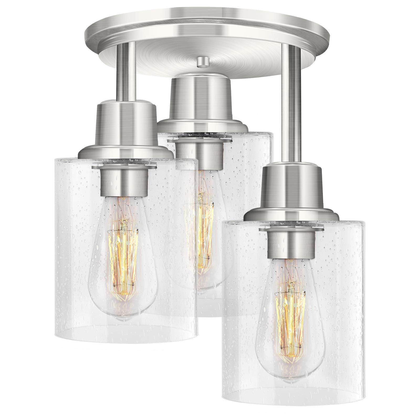 Semi Flush Mount Ceiling Light, 3 Light Close to Ceiling Light Fixtures, Brushed Nickel Finish Kitchen Light Fixtures with Clear Glass Shades, Modern Hallway Light Fixtures Ceiling Mount