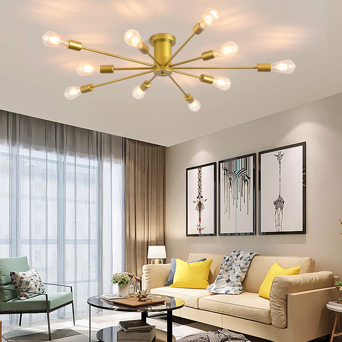 10 Lights Modern Sputnik Ceiling Chandelier Gold Industrial Ceiling Lamp Mid Century Semi Flush Mount Ceiling Light Fixture for Kitchen Dining Room Living Room Bedroom Foyer Lighting