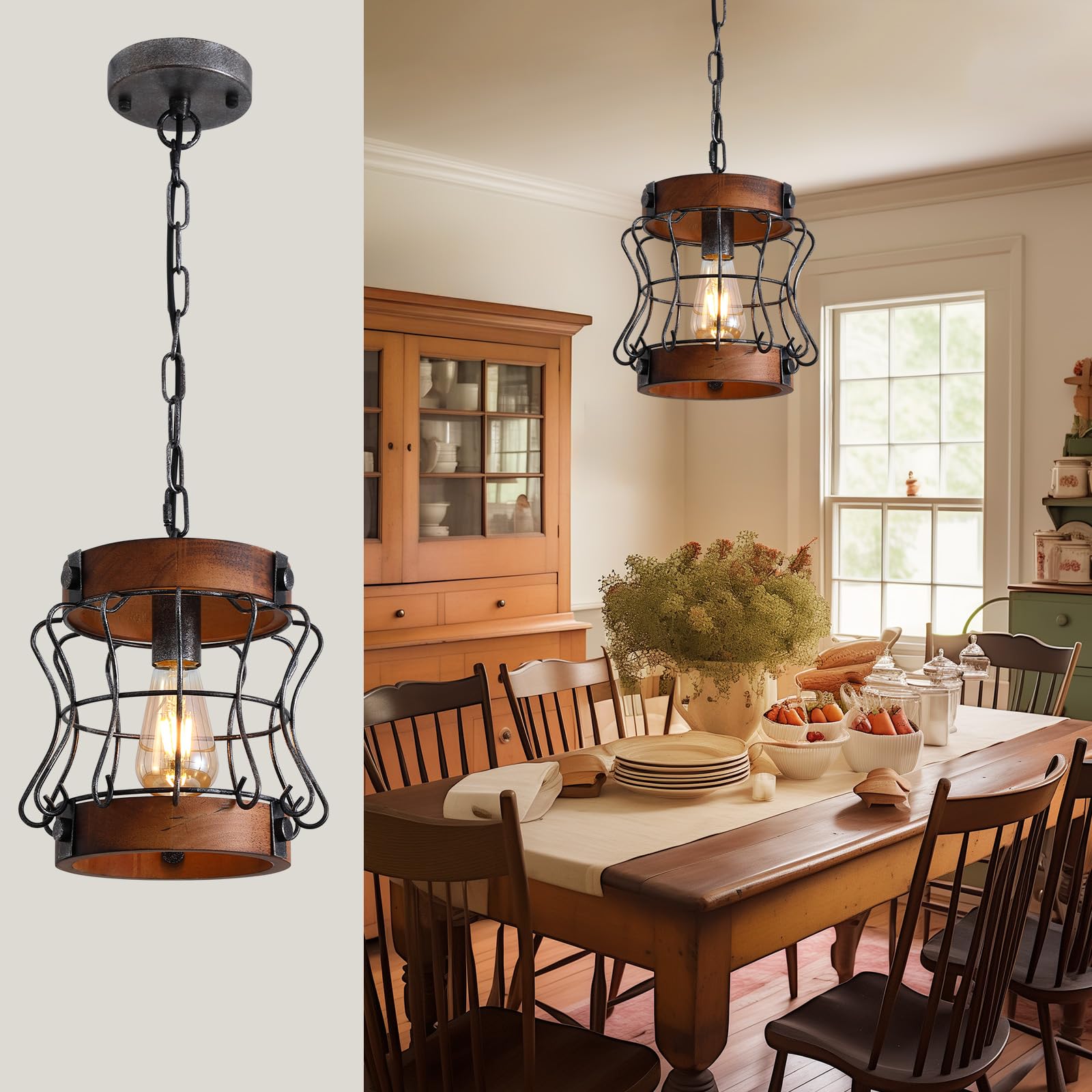 Rustic Chandelier, Modern Farmhouse Chandeliers for Dining Room, Wood Lantern Pendant Lights for Kitchen Island Foyer Hallway Bar, 1-Light Antique Light Fixtures for All Ceilings D 7.5" x H 8.8"