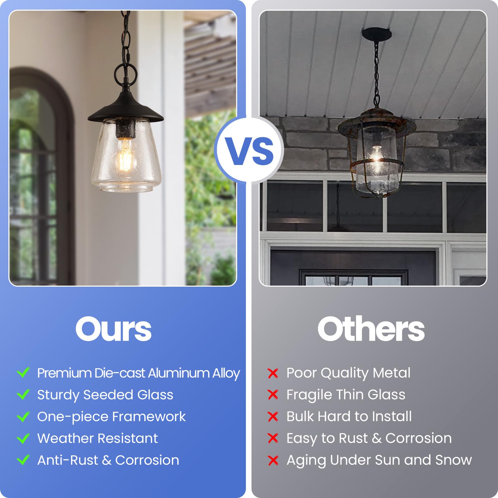 Outdoor Pendant Light, Black Outdoor Porch Light fixtures with Anti-Rust, Exterior Hanging Lantern, Height Adjustable Outside Chandelier with Water Glass for House Patio Garage