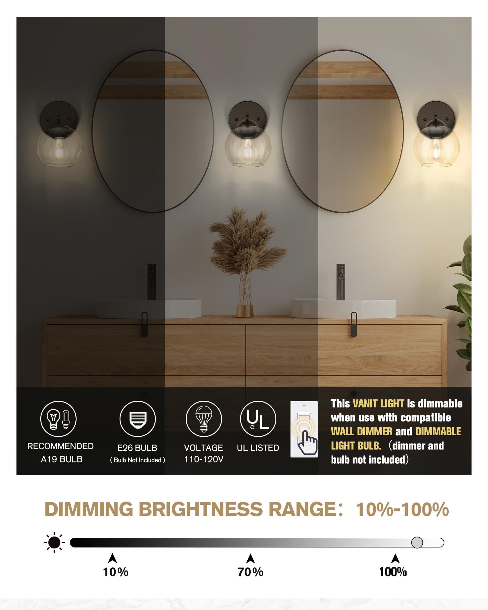 Black Vanity Lights for Mirror, Modern Farmhouse 2-Light Bathroom Light Fixtures Globe Bathroom Vanity Light with Milk Glass Shade, VL114-BK-ML-2