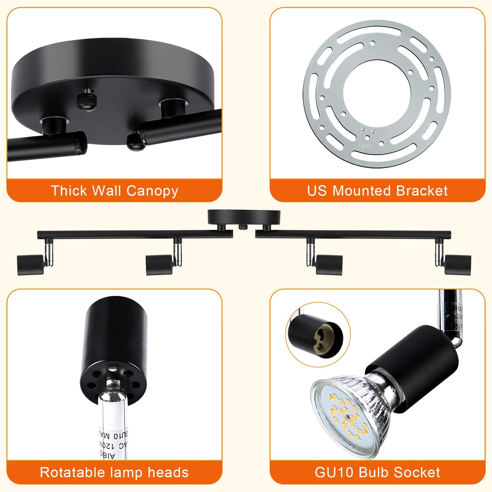 Track Lighting Kit, 4 Head Foldable Ceiling Spot Light with GU10 Socket for Kitchen Hallyway Bedroom Fixture Directional Accent Lamp