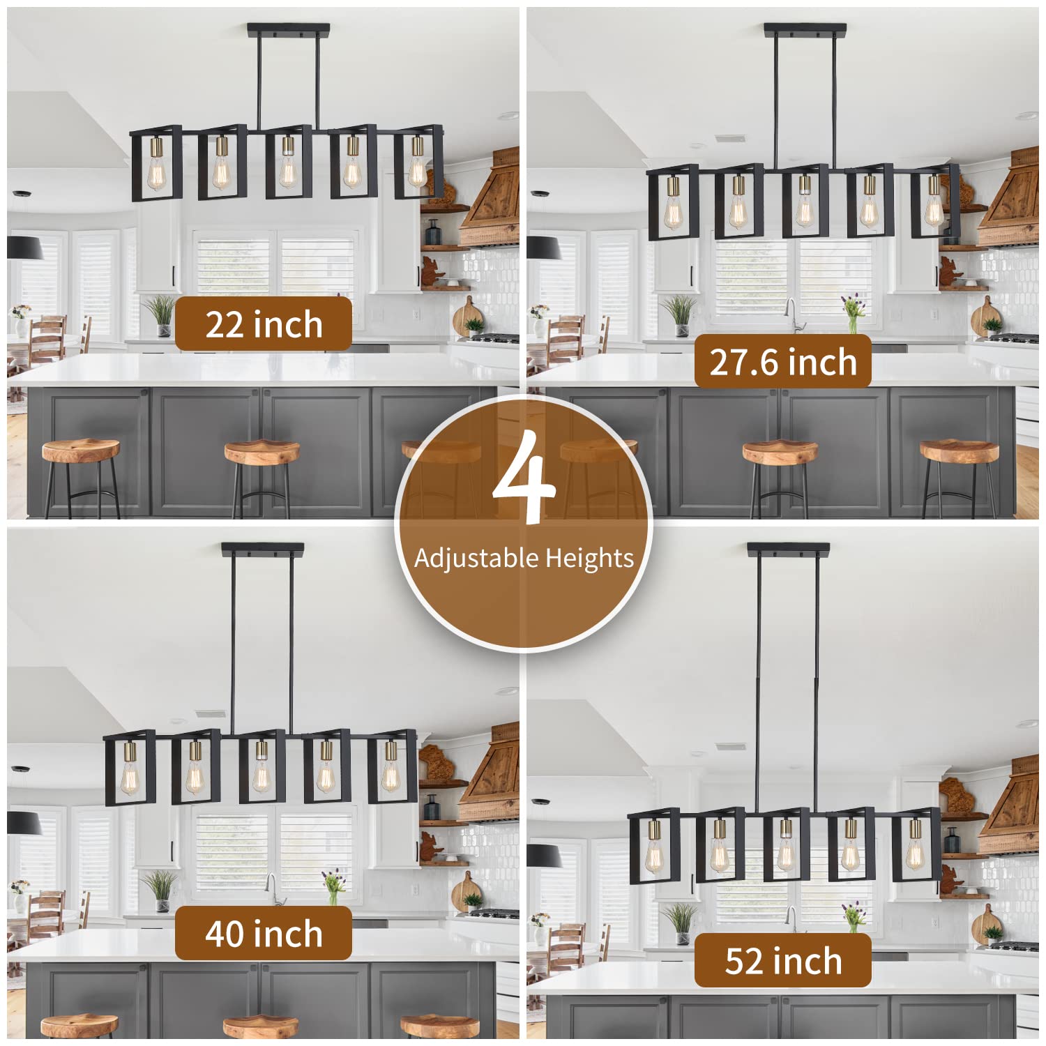 9MMML 3 Lights Kitchen Island Lighting, Modern Rectangle Linear Pendant Light, Black Frame+ Gold Socket Chandelier for Dining &Living Room Foyer Entryway Hallway,E26,Height Adjustable.