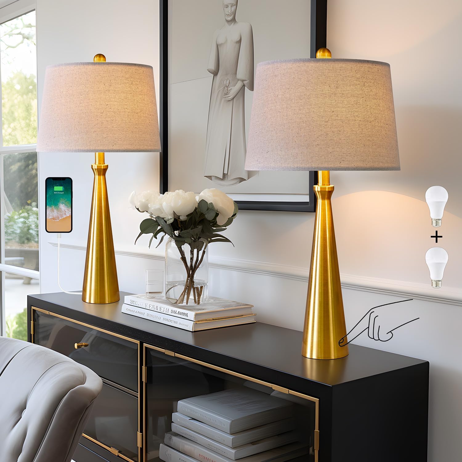 Modern Table Lamps with USB Port Set of 2 Accent Gold Nightstand Lamp for Living Room Bedroom Office Black