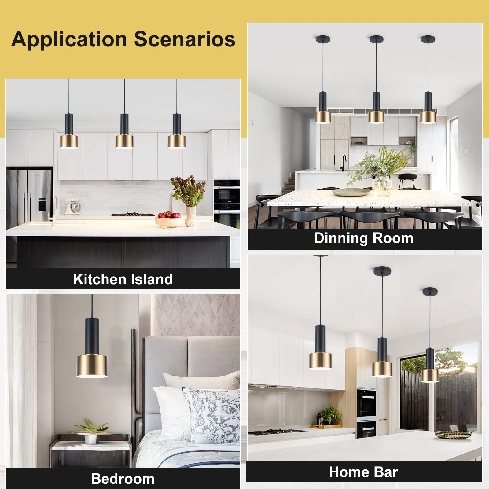 Modern Pendant Light Fixture for Kitchen Island,1-Light Black Gold Pendant Lighting Ceiling Hanging Light Cord Adjustable for Living Room Bedroom Bar (1 Pack)