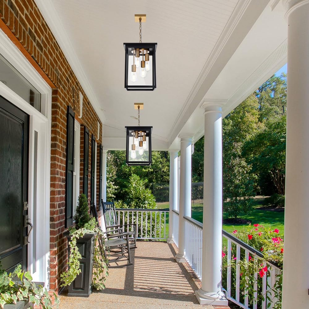 Large Outdoor Pendant Light Fixtures, 4-Lights Black Exterior Ceiling Hanging Lanterns with Clear Glass, Farmhouse Outdoor Chandelier for Front Door Entry Patio