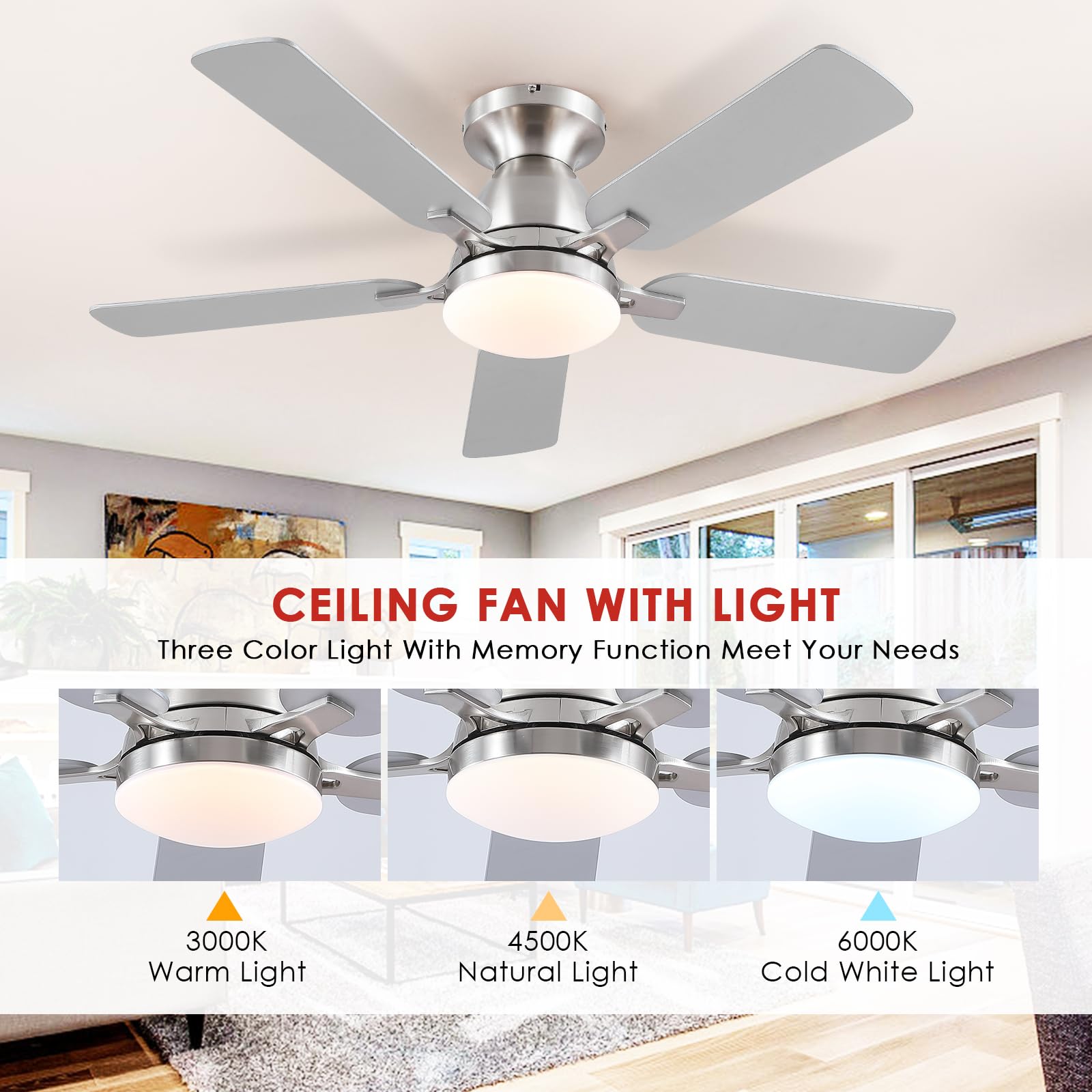 Ceiling Fans with Lights- 46"Low Profile Indoor Ceiling Fan with Light and Remote/APP Control, Flush Mount, LED Dimmable DC Reversible Modern Ceiling Fan for Bedroom（Black）