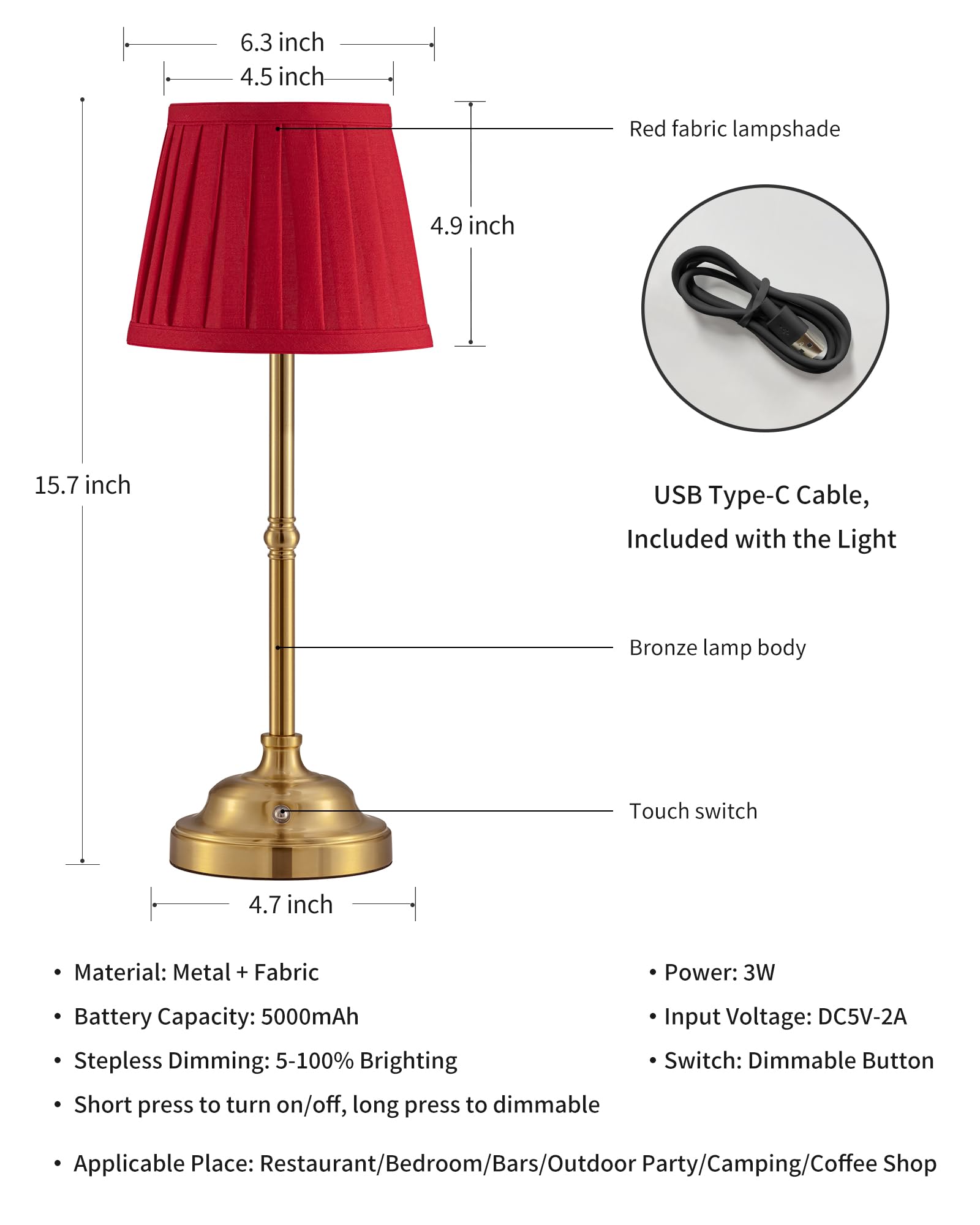 KDG Portables Cordless Table Lamp, Fabric Shade Desk Lamp, 5000mAh Rechargeable Battery Powered Lighting, Dimmable Light for Dining Room, Bedroom, Bedside, Bar, Night Light, Camping, Balcony (Bronze)