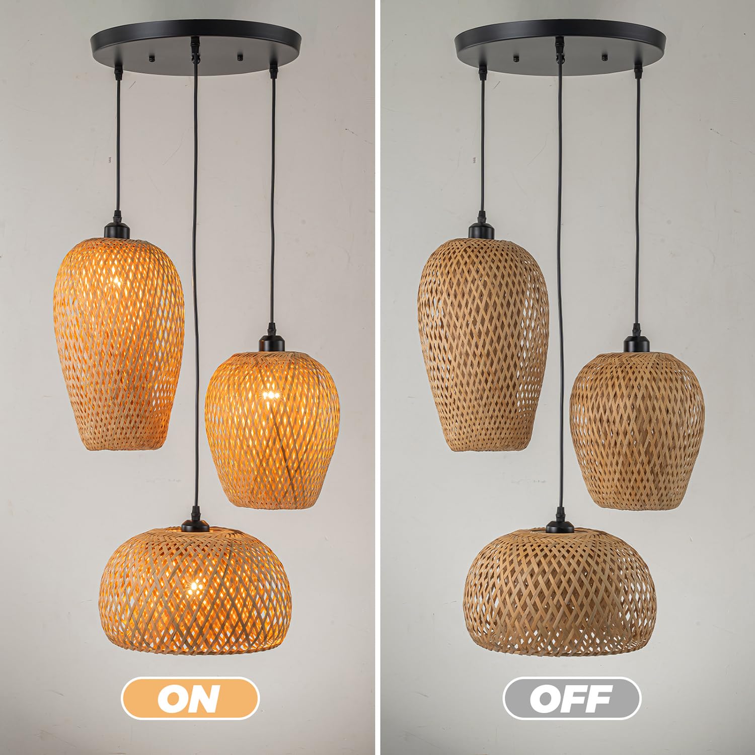 Rattan Pendant Light Bamboo Hanging Light 3-Lights Boho Pendant Light Fixture Woven Basket Wicker Shade Rattan Chandelier for Living Room Dining Room Kitchen