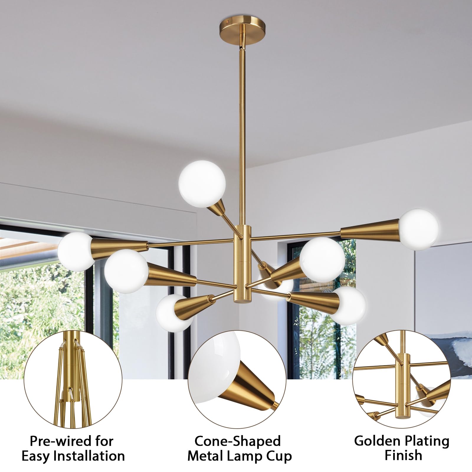 Sputnik Chandelier Modern Gold Chandelier 6-Light E26 Mid Century Ceiling Light Fixture Height Adjustable Hanging Pendant Lighting for Dining Room Kitchen Island Bedroom Office