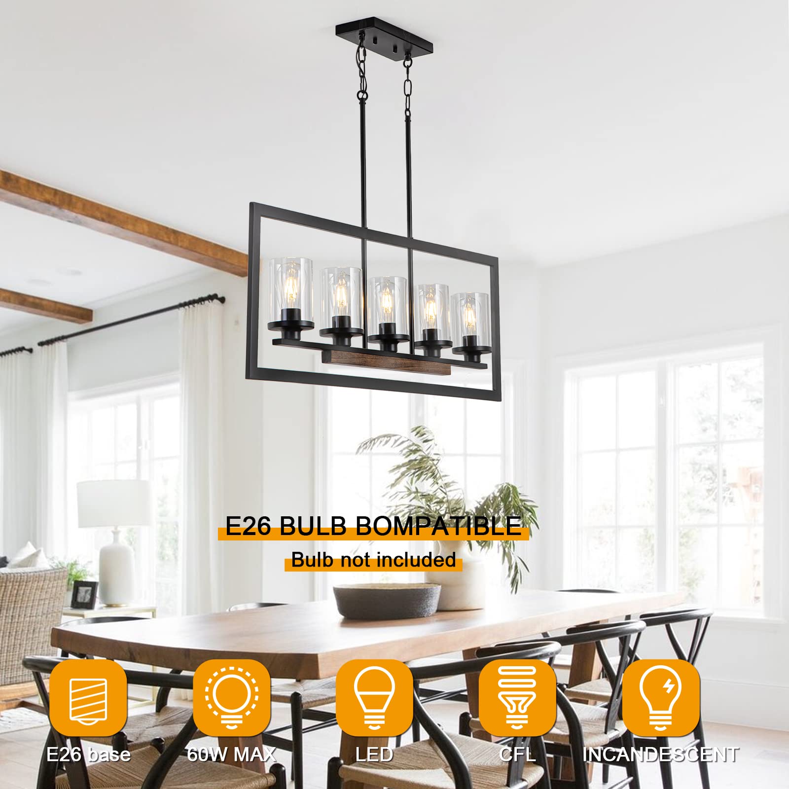 Dining Room Light Fixture Over Table, 5-Light Linear Farmhouse Chandelier Pendant Lighting for Kitchen Island Dining Room with Glass Shade, Black Metal and Wood Finish