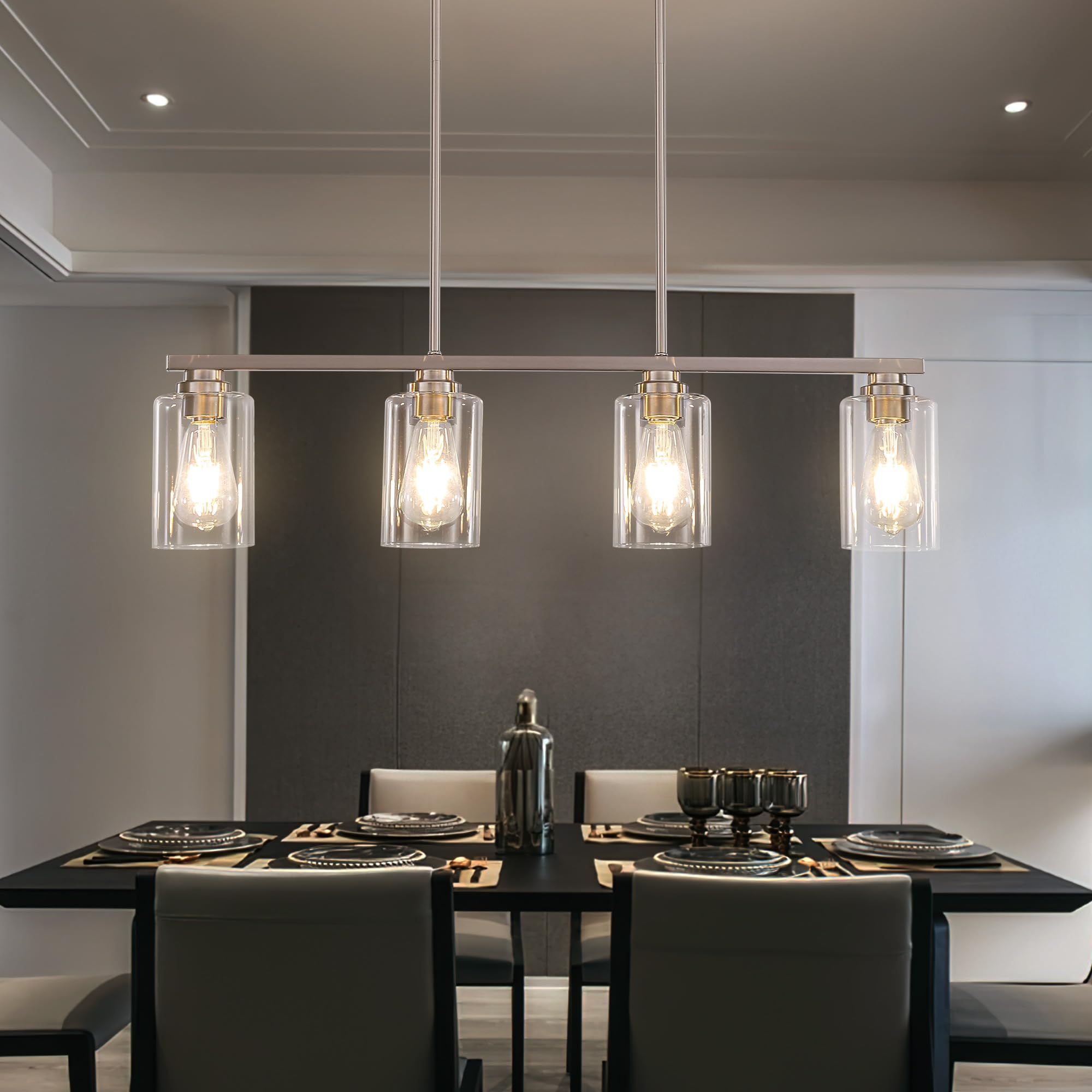 Island Light for Kitchen, Black and Gold Dining Room Light Fixture Over Table, 4-Light Linear Chandelier Pendant Lighting for Dining Table Kitchen Island Living Room