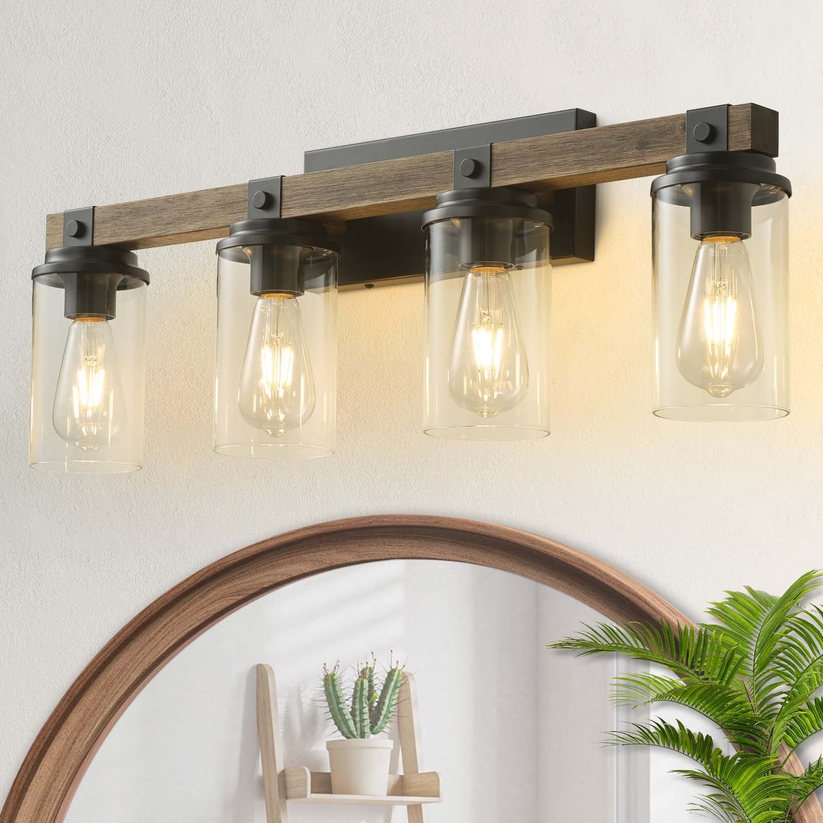 Farmhouse Bathroom Light Fixture Wood Black Vanity Lighting 2-Light Wooden Wall Sconce Industrial Rustic Wall Light Fixtures Over Mirror with Clear Glass Shade for Bathroom Hallway Kitchen Bedroom