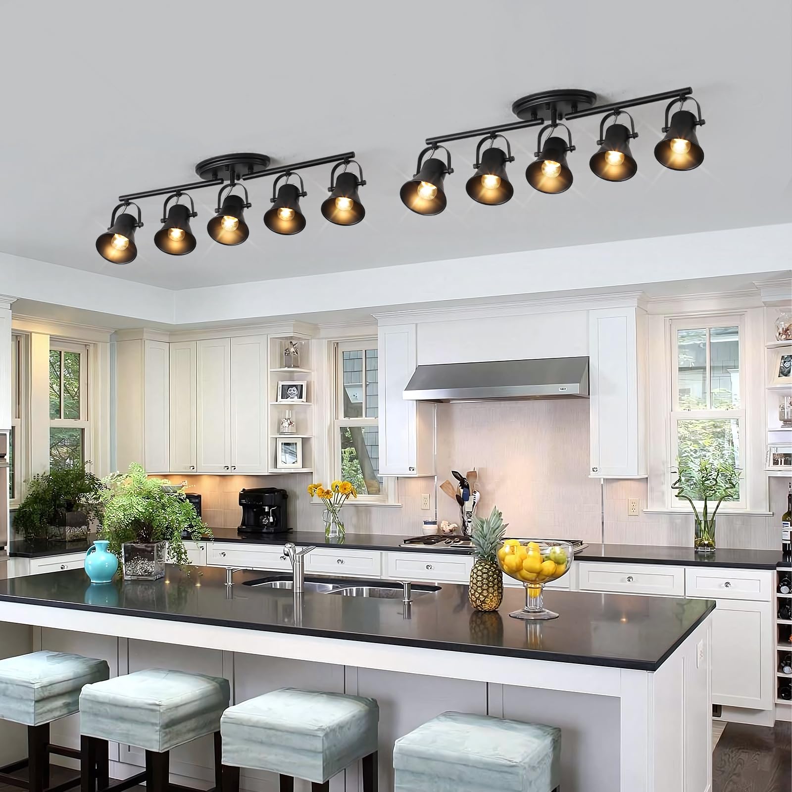 4-Light Track Lighting Kit, Directional Ceiling Light, Industrial Black Kitchen Track Lighting Fixtures Ceiling for Kitchen, Living Room, Dining Room, Hallway.