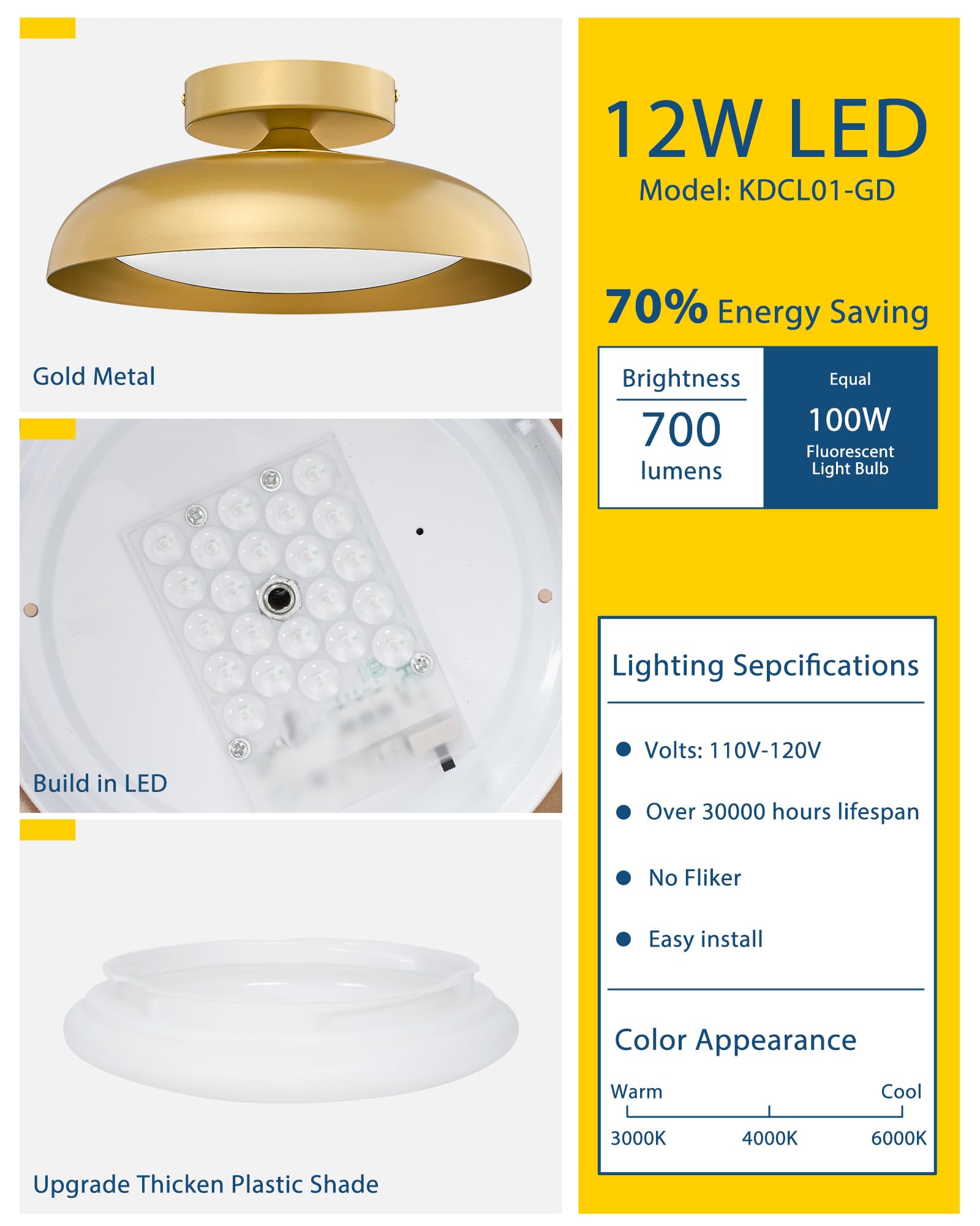 Gold Ceiling Light, 12 Inch LED Semi Flush Mount Ceiling Light Fixture, 12W/700Lm Ceiling Lights for Kitchen, Bathroom, Hallway, 3000K/4000K/6000K Adjustable, KDCL01-GD