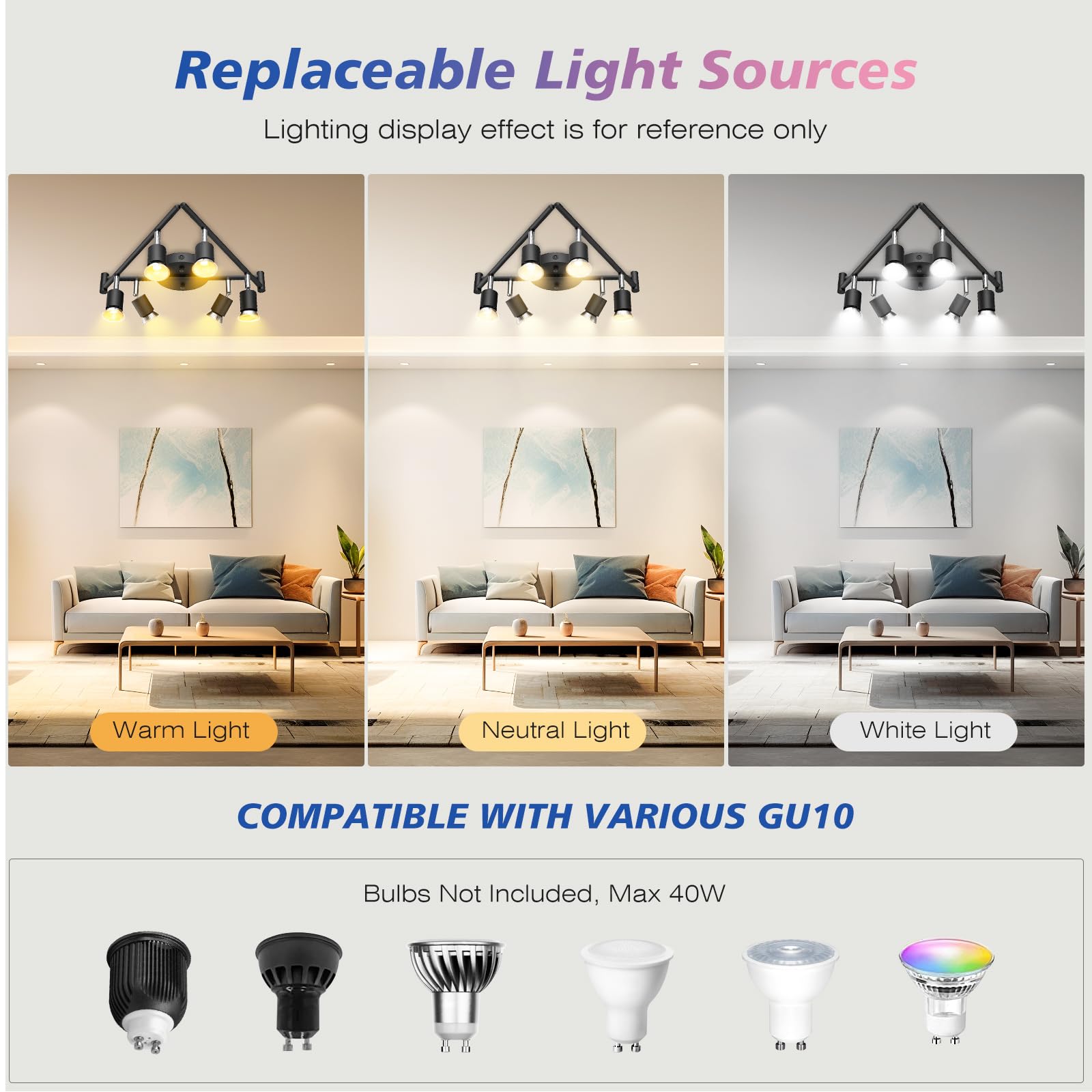 6-Light LED Track Lighting Kit, Ceiling Spotlight with Flexibly Rotatable Light Head, Modern Track Lighting fixtures for Kitchen, Bedroom, Living Room (GU10, Bulbs Not Included)