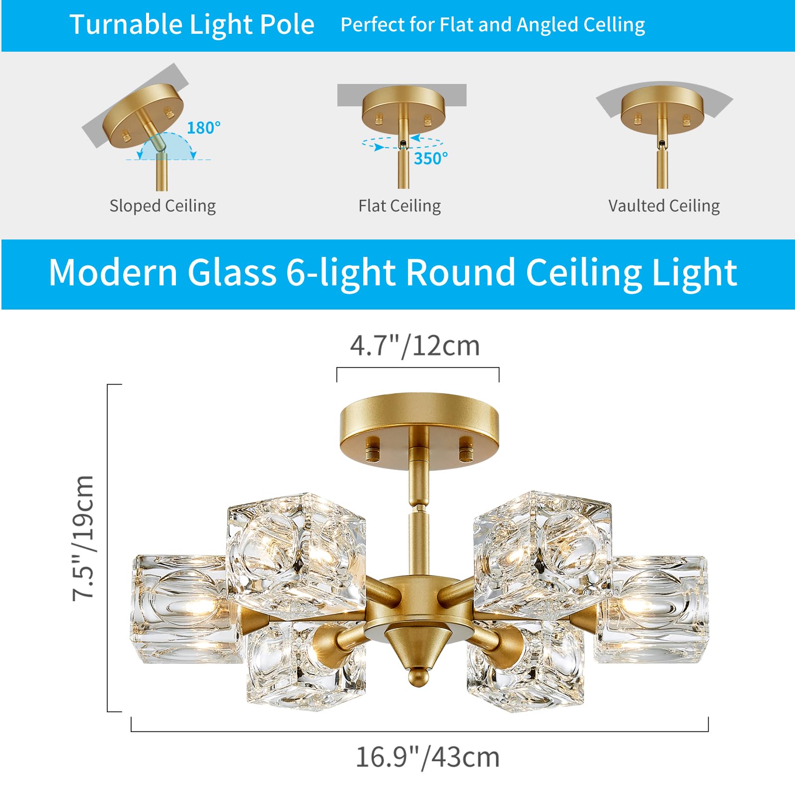 8-Light Semi Flush Mount Ceiling Light Fixture Modern Antique Gold Sputnik Chandeliers Fashion Lighting for Bedroom Dining Room Farmhouse Kitchen Office