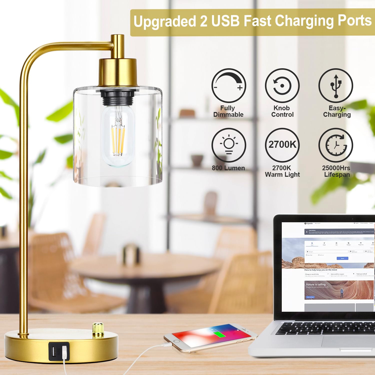 Industrial Table Lamp with 2 USB Charging Ports, Fully Stepless Dimmable Modern Nightstand Lamp, Glass Shade Bedside Desk Lamp for Bedroom Living Room Office, 6W 2700K LED Edison Bulb Included