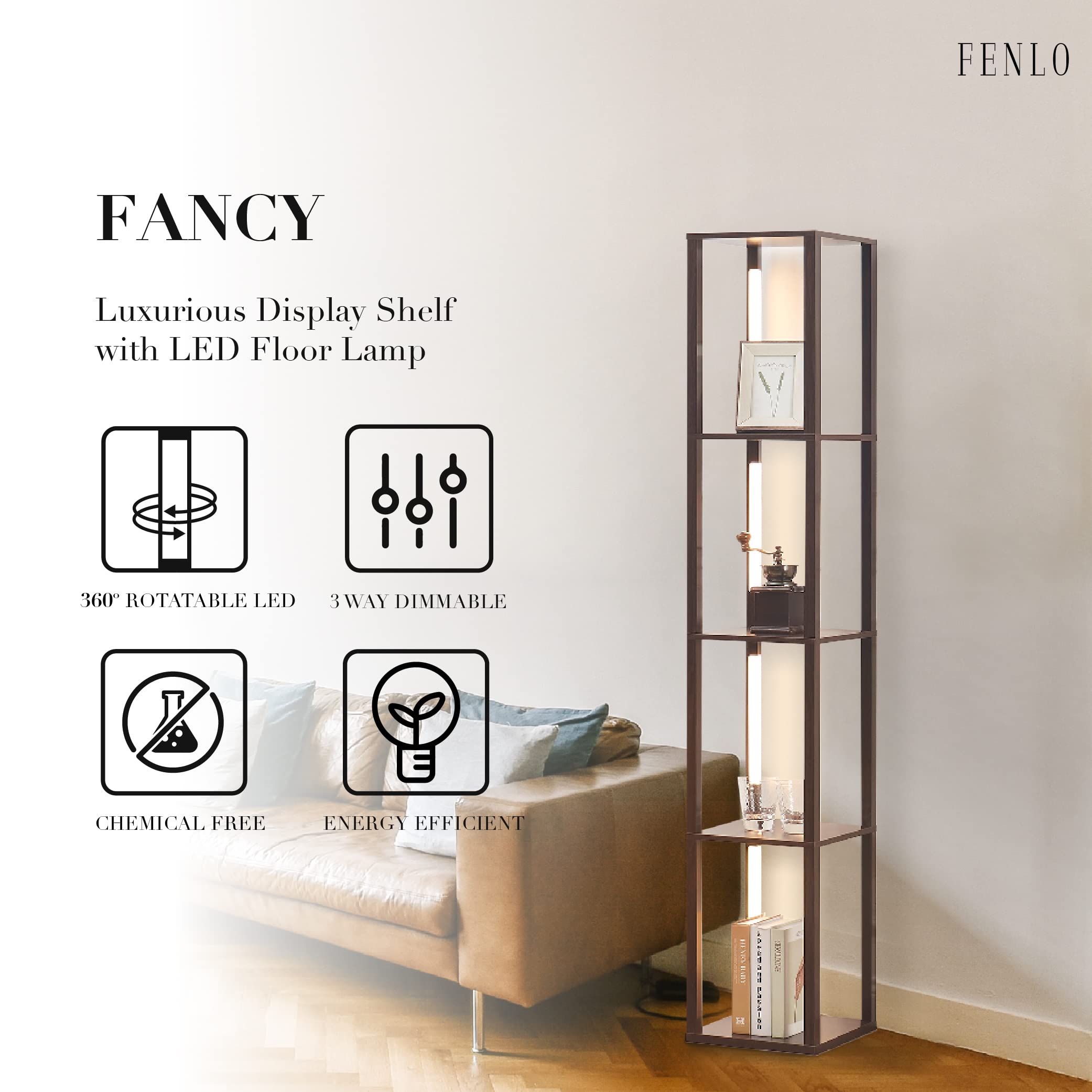 LED Display Shelf with Dimmable Lights, LED Shelf Floor Lamp for Living Room, Sturdy Corner Shelf Curio Cabinet Display, Tall Floor Lamp with Shelves