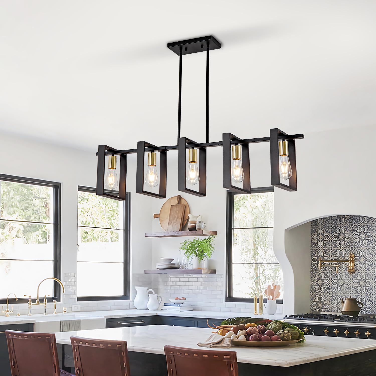 Farmhouse Kitchen Island Lighting Black Chandeliers for Dining Room Wooden Island Lights,Industrial Rectangle Light Fixtures Ceiling Hanging (4 Lights)