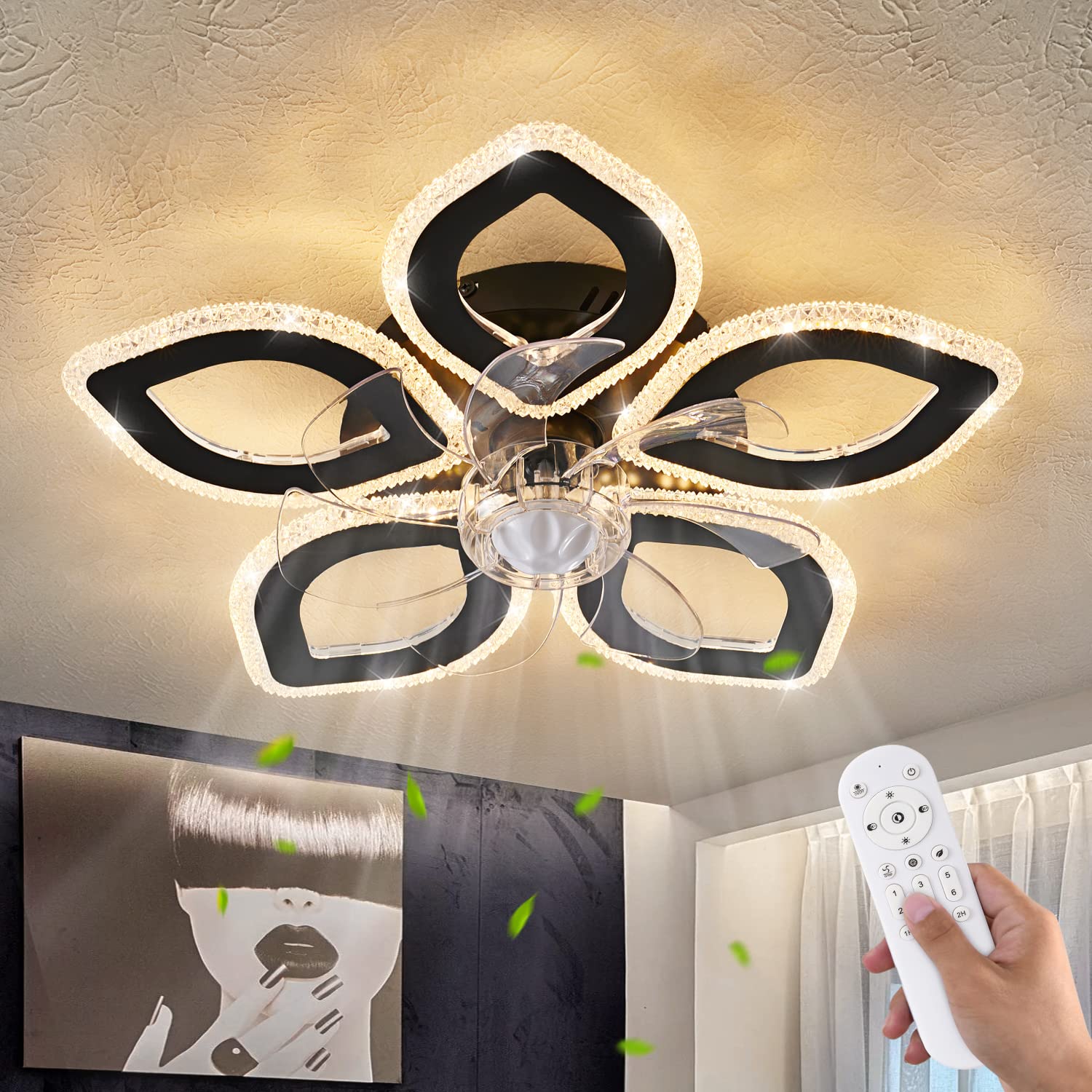 Ceiling Fan with Lights Remote Control, 24" Black, 6 Speeds 3 Light Color Low Profile Flush Mount Ceiling Fan for Kitchen Bedroom