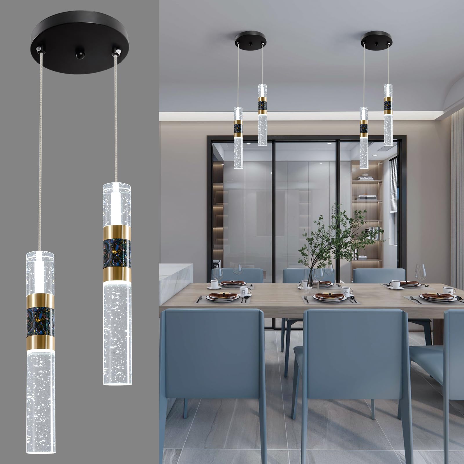 3-Light LED Pendant Lights Kitchen Island, 3-Light Cluster Pendant Lighting, Dimmable LED Modern Pendant Lights Kitchen Island, Pendant Lighting for Dining Room Table