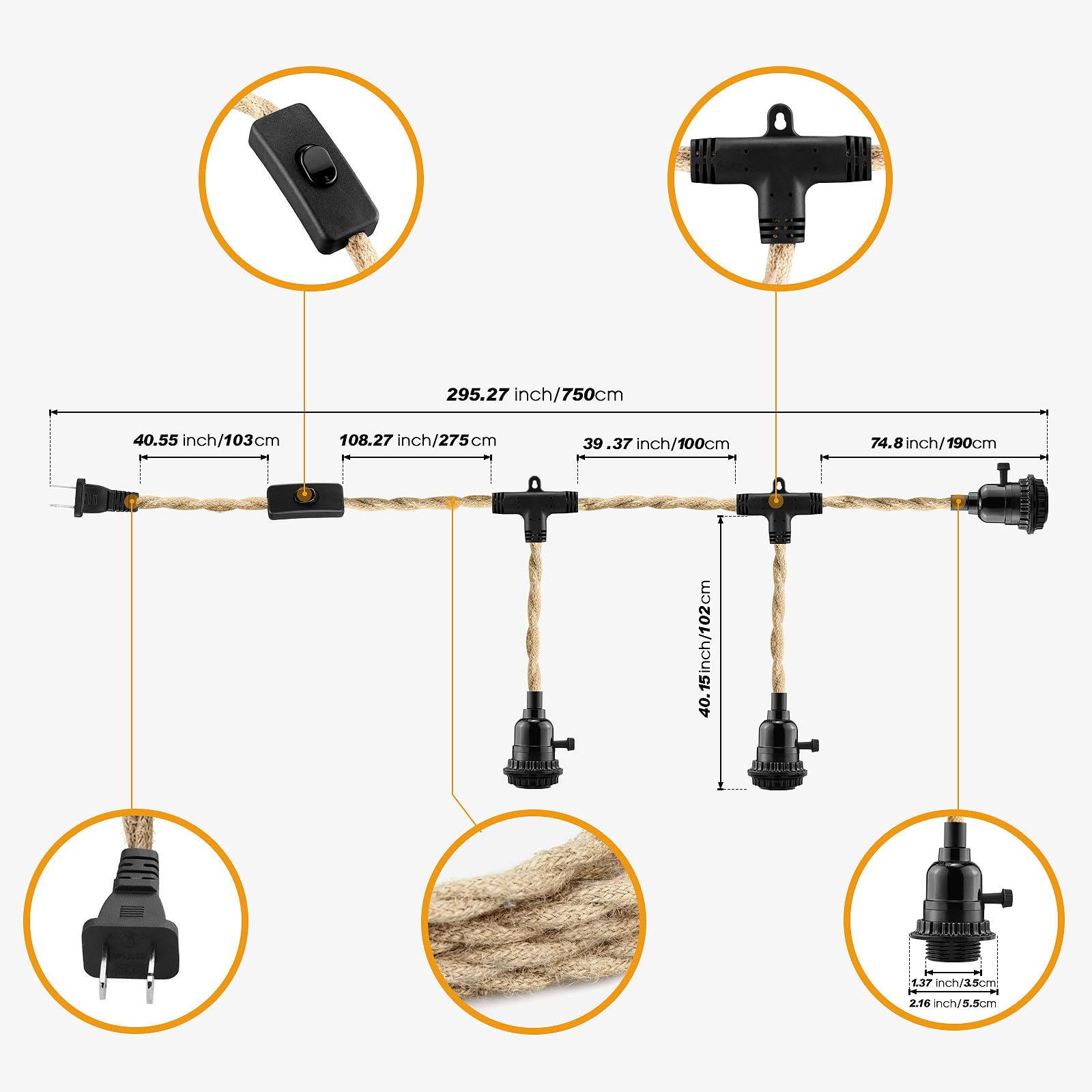 Plug in Pendant Light Cord, Farmhouse Hanging Lights with Plug in Cord, 15FT Hemp Rope Plug in Hanging Light Cord Kit with On/Off Switch, E26 E27 Light Socket Cord for Hanging Light