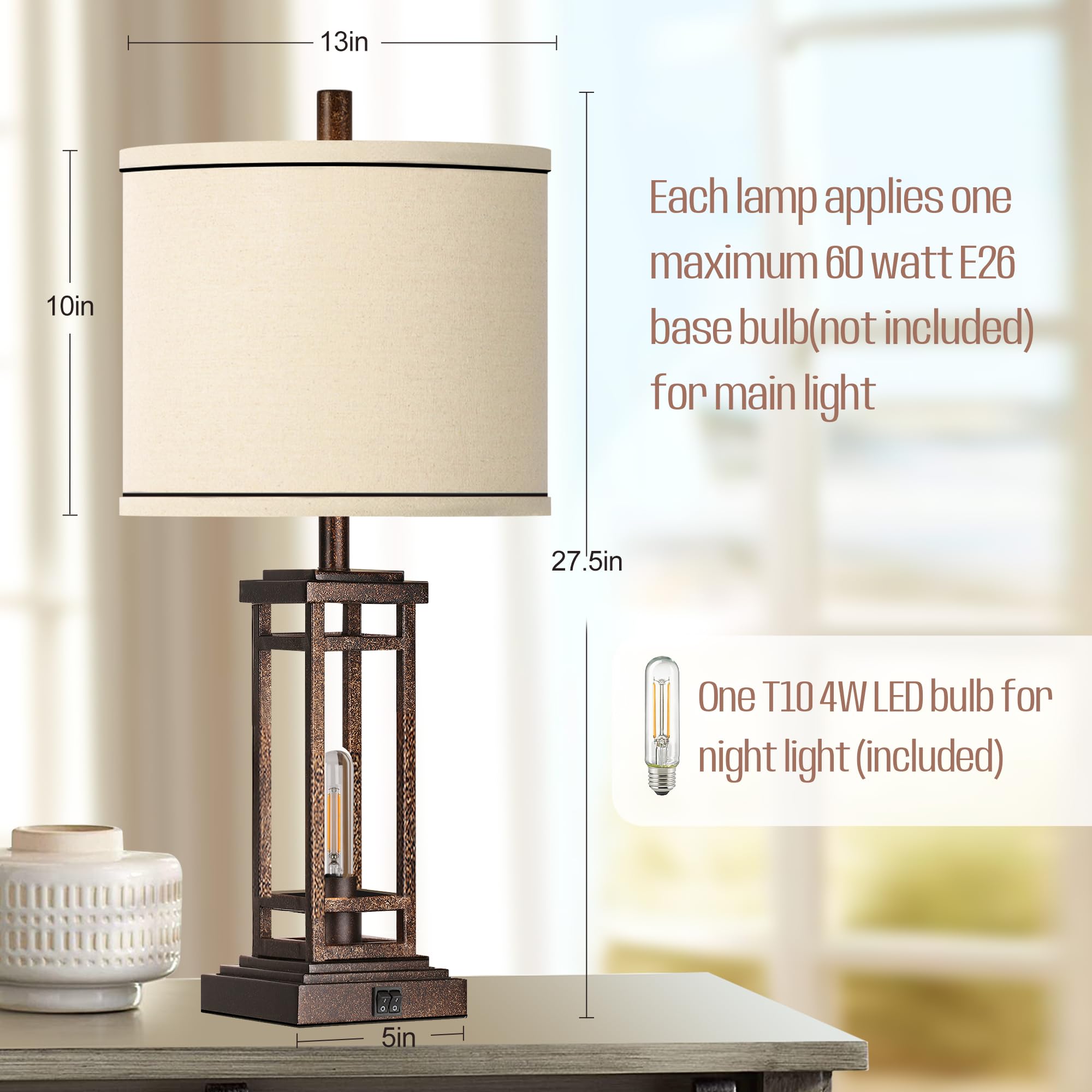 ROTTOGOON 27.5 Tall Farmhouse Table Lamps with USB C + USB A Charge Ports, Rustic Living Room Lamps Set of 2, Black Industrial End Table Lamp for Bedroom Living Room Nightstand (Bronze)