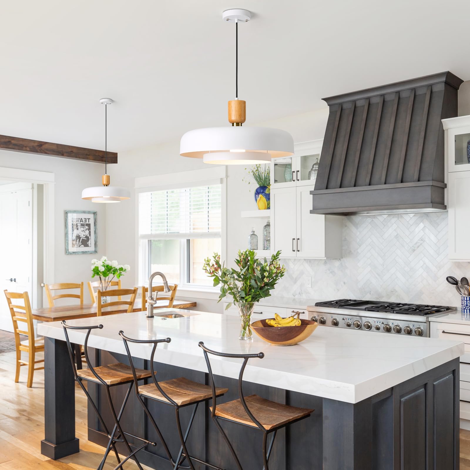 Modern Large Pendant Light 19.68 inch, 2 Tiers Matte White Shade, Natural Wood and Brass Accent, Mid Century Chandelier for Kitchen Island, Dining Room, Living Room