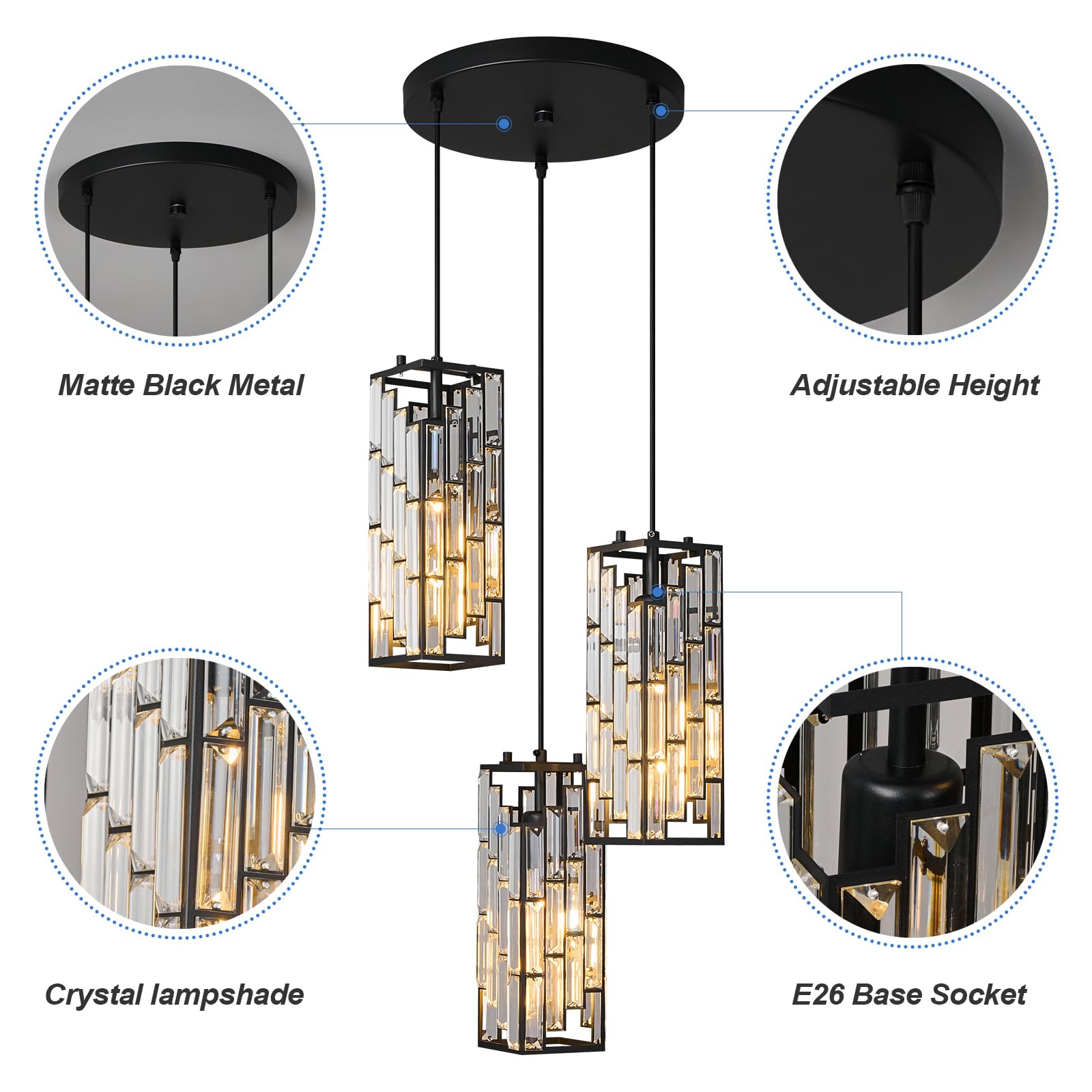 Gold Pendant Lighting Modern Pendant Light, Mini Crystal Chandeliers,Adjustable Pendant Light Fixture for Kitchen Island Dinning Room Bedroom (3 Pack)