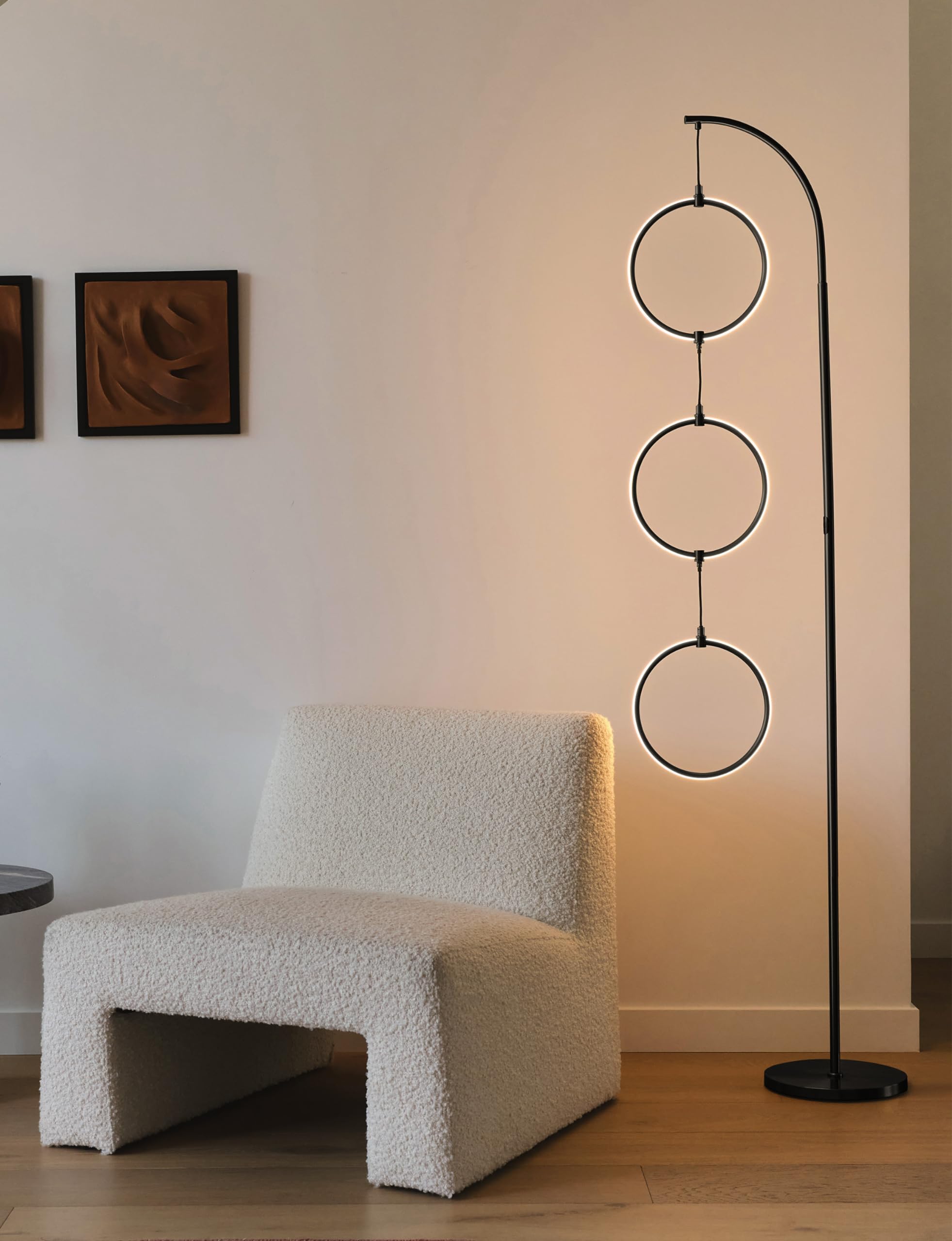 Brightech Nova Modern Floor Lamp - Contemporary Arc Tall Lamp with 3-Circle Ring-Style Pendant - Over the Couch Standing Lamp on Arching Pole - Eclectic Tall Lamp Matches Living Room Décor - Gold