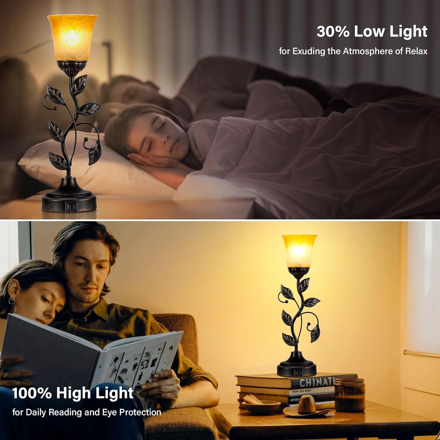 Touch Table Lamp Bedside Lamp, Nightstand Lamp with USB Charging Ports for Living Room, 3 Way Dimmable Traditional Leaf Lamp Retro Table Lamp for Bedroom with Amber Glass Lampshade (LED Bulb Included)