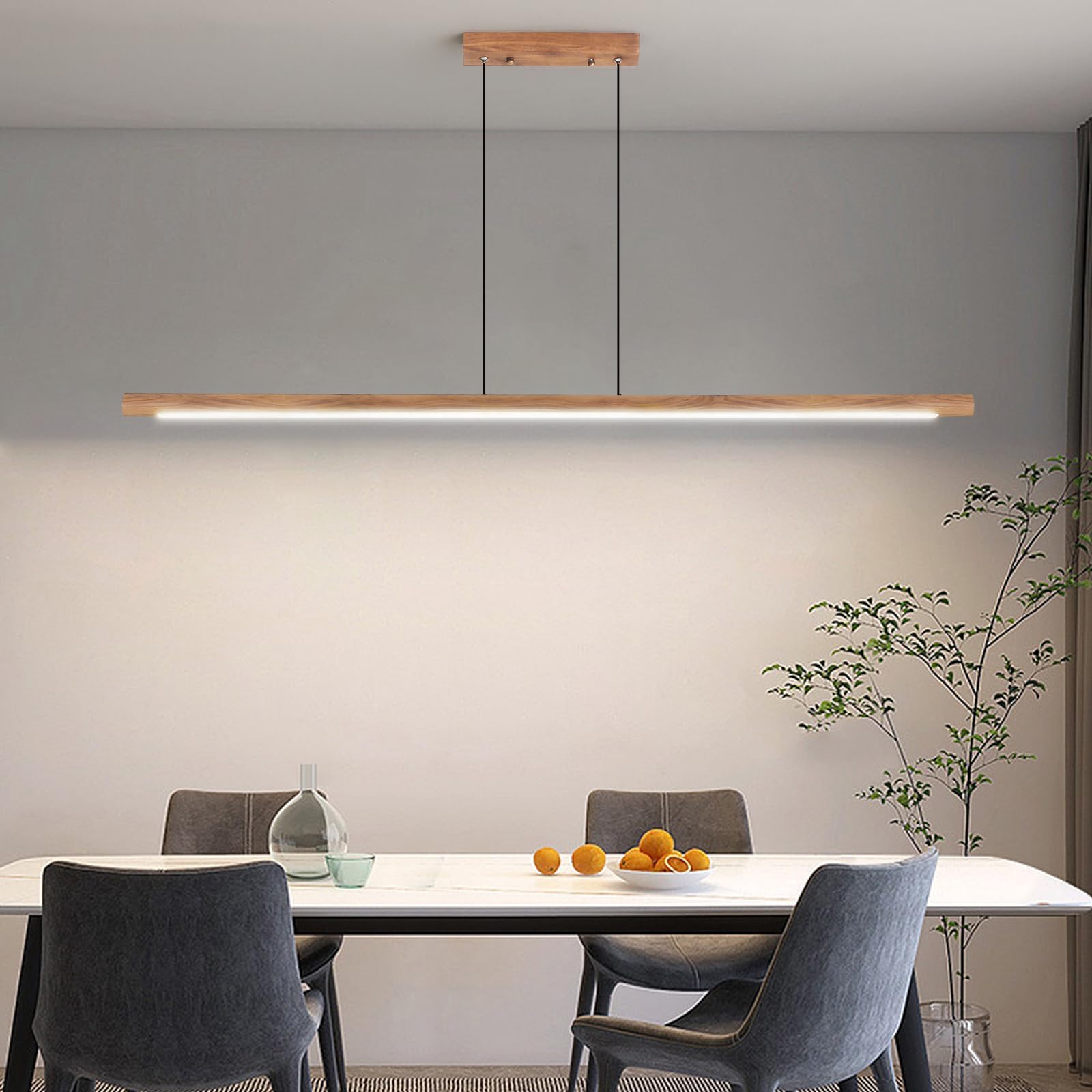 Wooden Linear Pendant Light, 47" Dimmable Pool Table Island Lights for Kitchen, LED Ceiling Pendant Lamp for Dining Room Billiard Room, Adjustable Height，Natural Ash