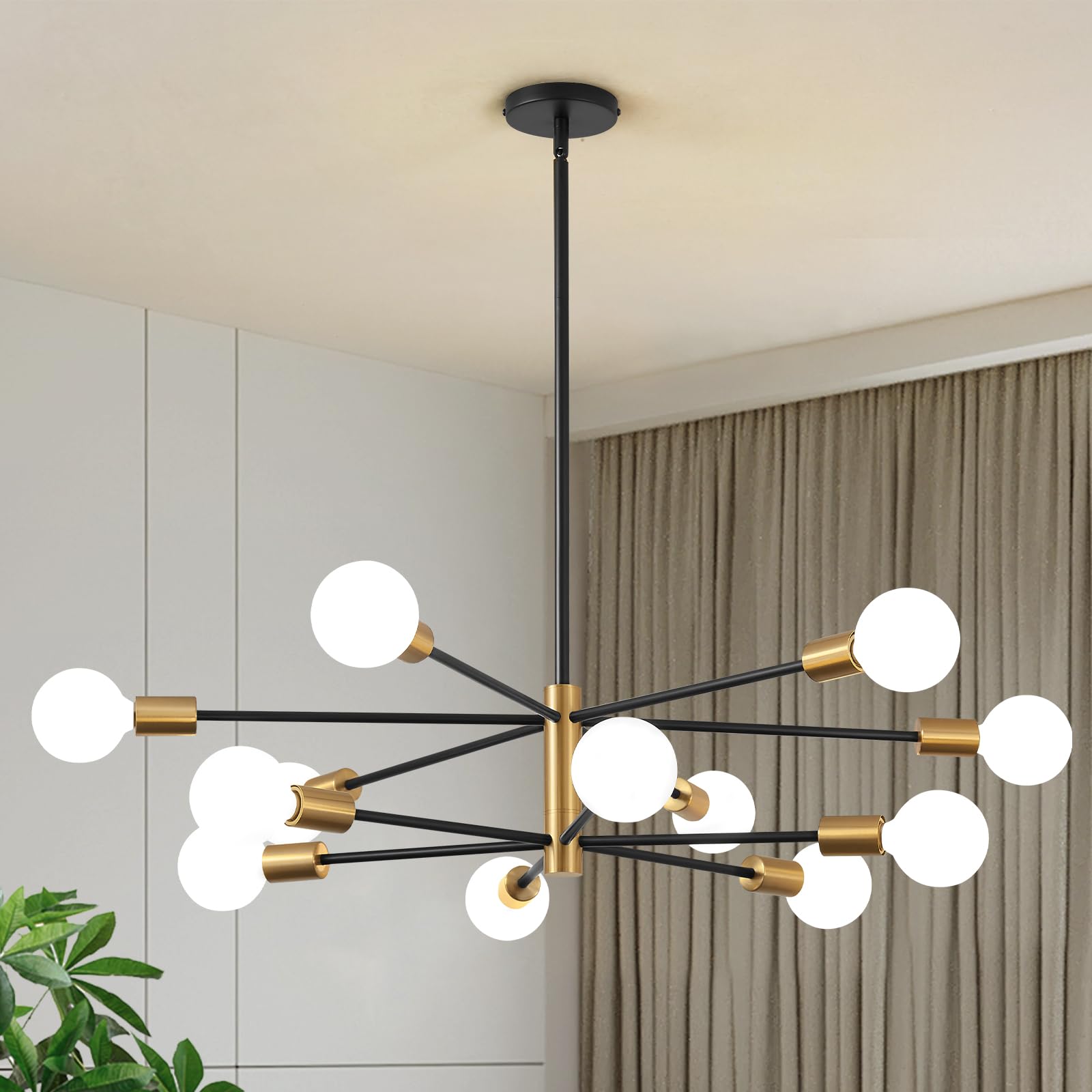 Sputnik Chandelier Modern Gold Chandelier 6-Light E26 Mid Century Ceiling Light Fixture Height Adjustable Hanging Pendant Lighting for Dining Room Kitchen Island Bedroom Office