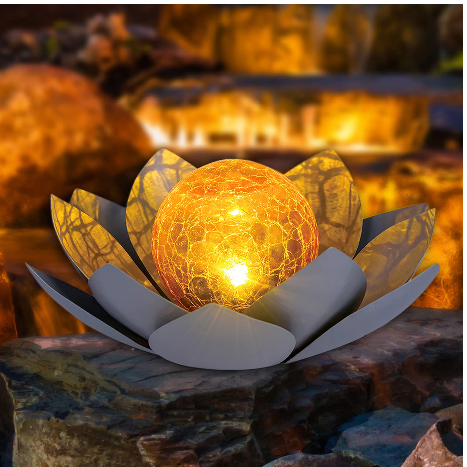 Solar Light Outdoor Waterproof Garden Light Metal Glass Decorative LED Lotus Flower Table Lamp