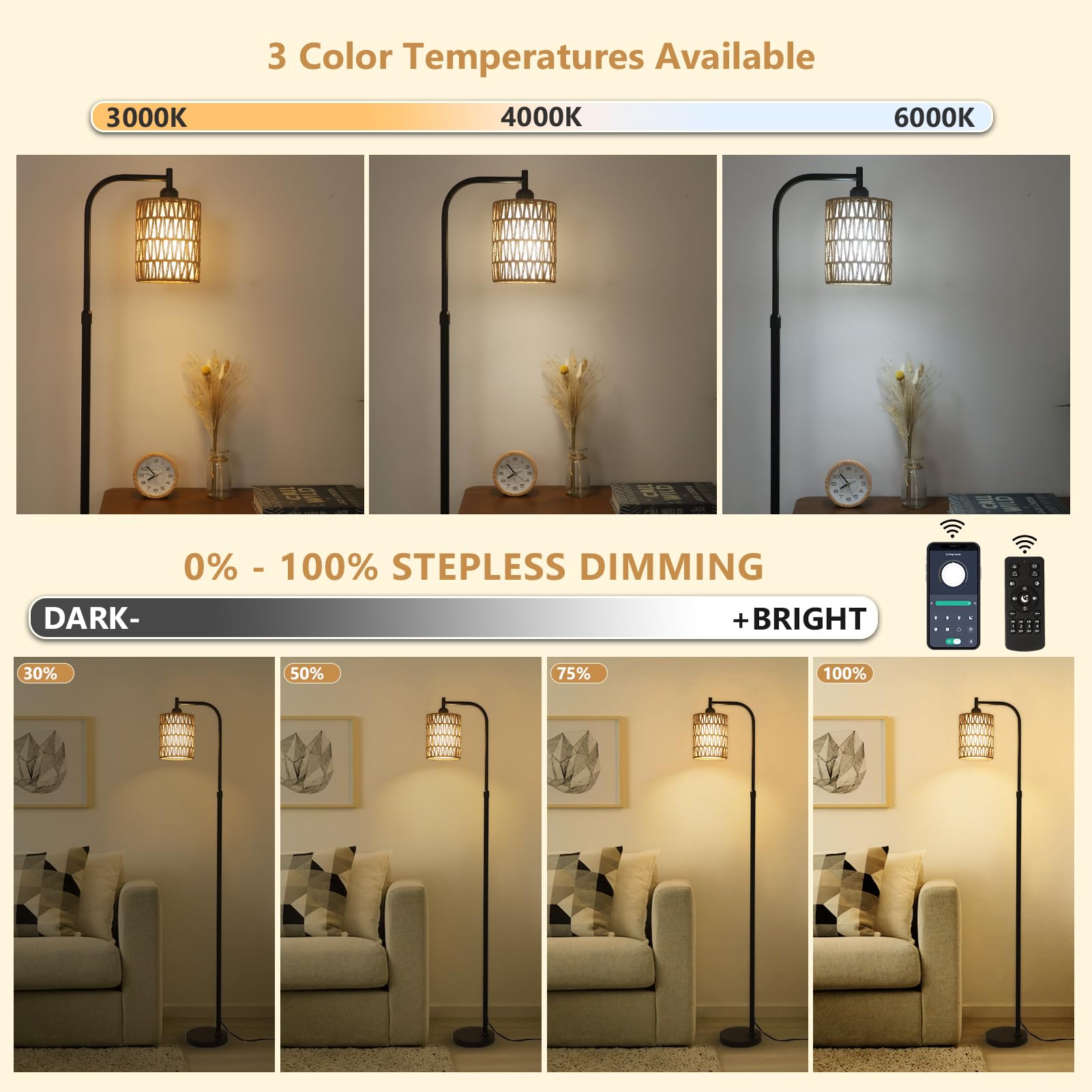 Modern Gold Floor Lamps for Living Room, Boho Rattan Floor Lamp with Remote & Dimmable LED Bulb, Farmhouse Standing Lamp with Rattan Shades, Minimalist Tall Pole Lamp for Bedroom Office