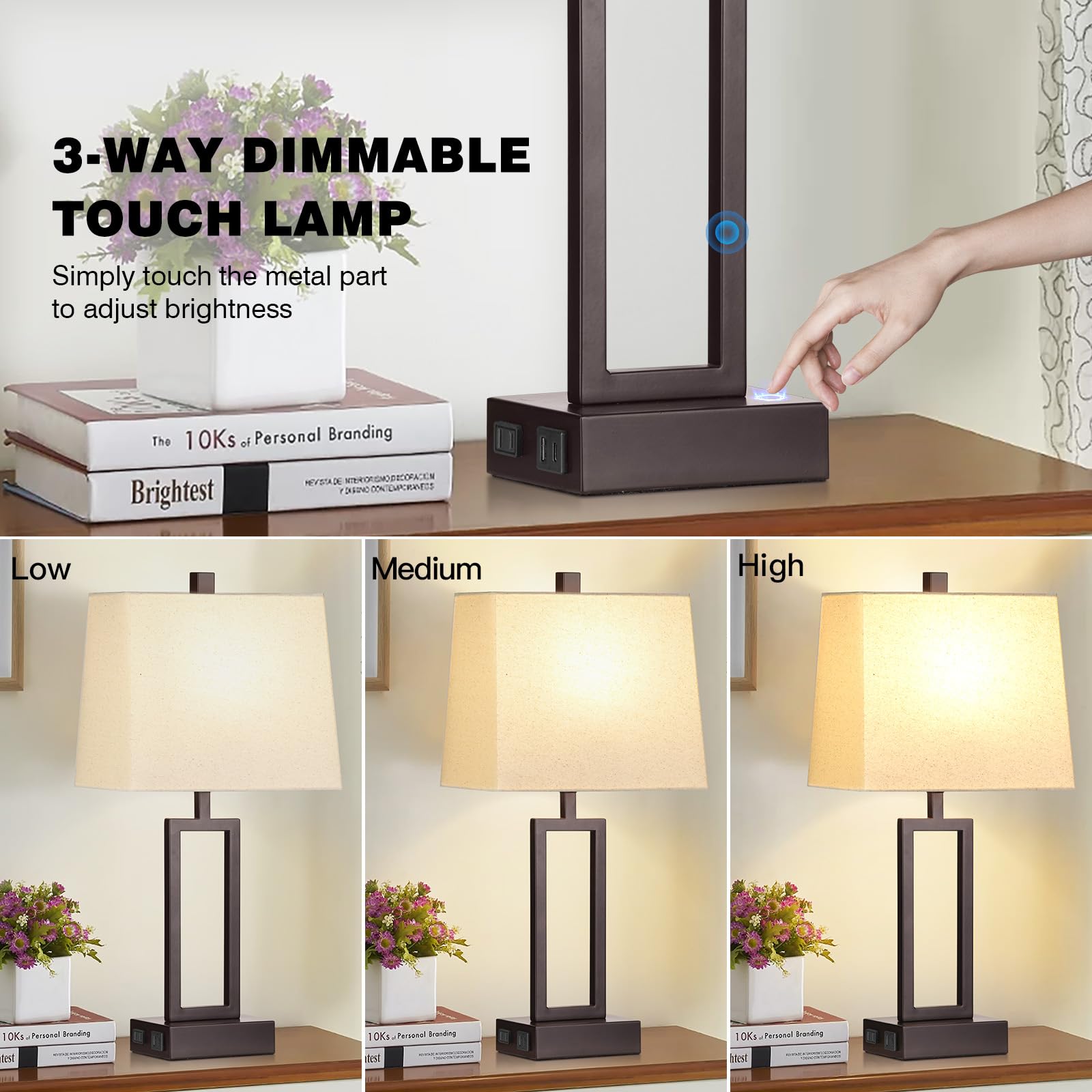 23.5" Touch Control Table Lamps, Metal Bedside Lamp for Bedroom Set of 2 with USB A+C Ports & AC Outlet, 3-Way Dimmable Nightstand Lamp for Living Room (LED Bulb Included)