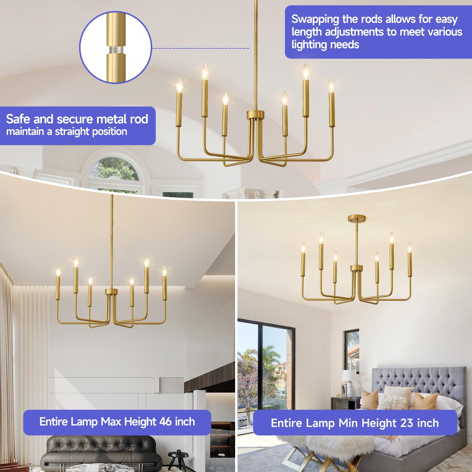 Gold Chandeliers, 6-Light Metal Candle Farmhouse Chandeliers, Rustic Industrial Modern Chandeliers Lighting Fixtures Hanging for Living Room, Kitchen, Bedroom, Dining Room(Bulbs are not Included)