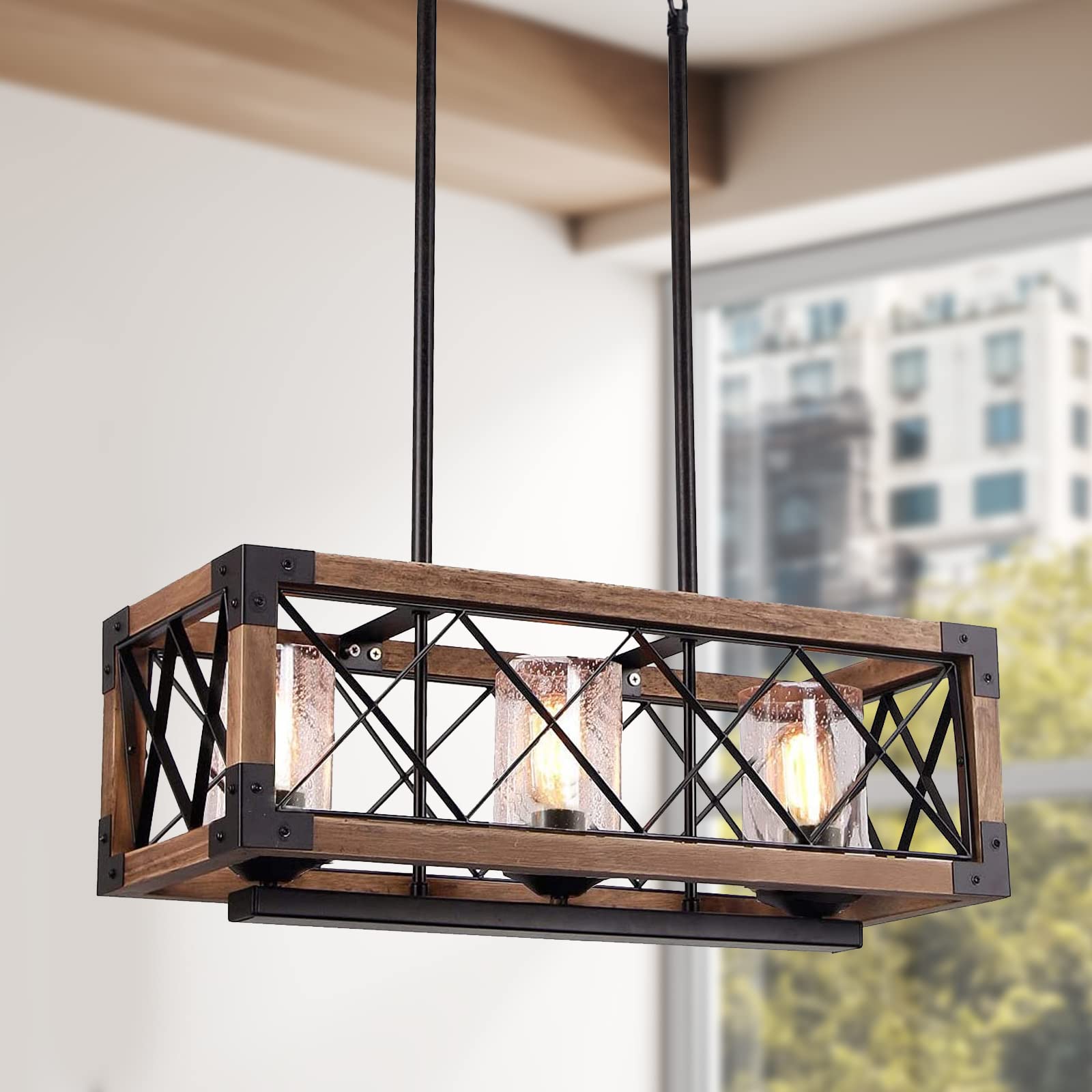 Giluta Rectangle Wood Metal Pendant Light Kitchen Island Chandelier Black Finish Rustic Industrial Chandelier Vintage Ceiling Light Fixture 5 Lights with Glass Shade (17810)