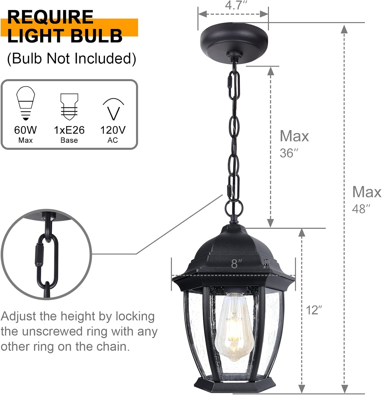 12" High Outdoor Pendant Light Fixture, Exterior Hanging Porch Lantern with Adjustable Chain, Aluminum Ceiling Lights with Seeded Glass for Outdoor and Indoor Use