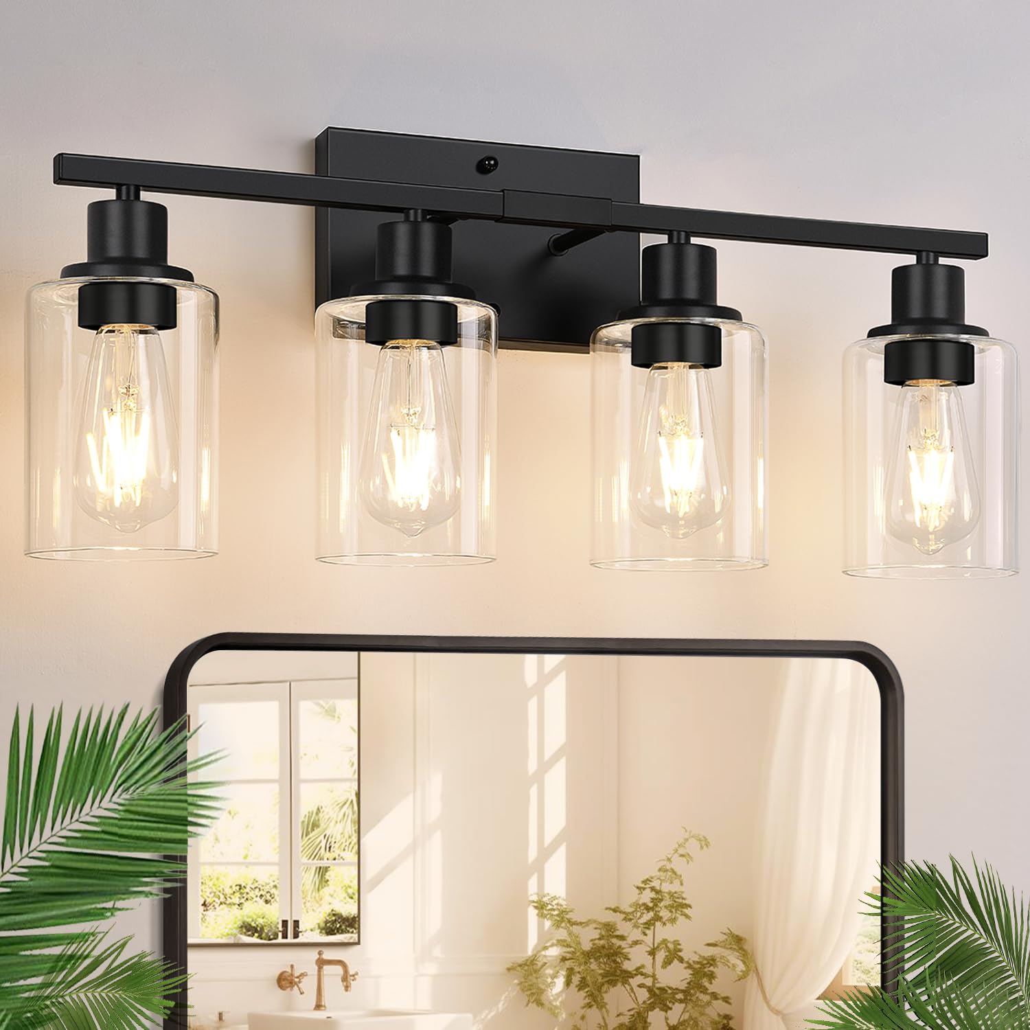 4-Light Bathroom Light Fixtures, Bathroom Vanity Lights with Clear Glass Shades, Matte Black Bathroom Light Fixtures over mirror, Modern Bathroom Wall Lamp for Mirror Living Room Cabinet Bedroom Porch