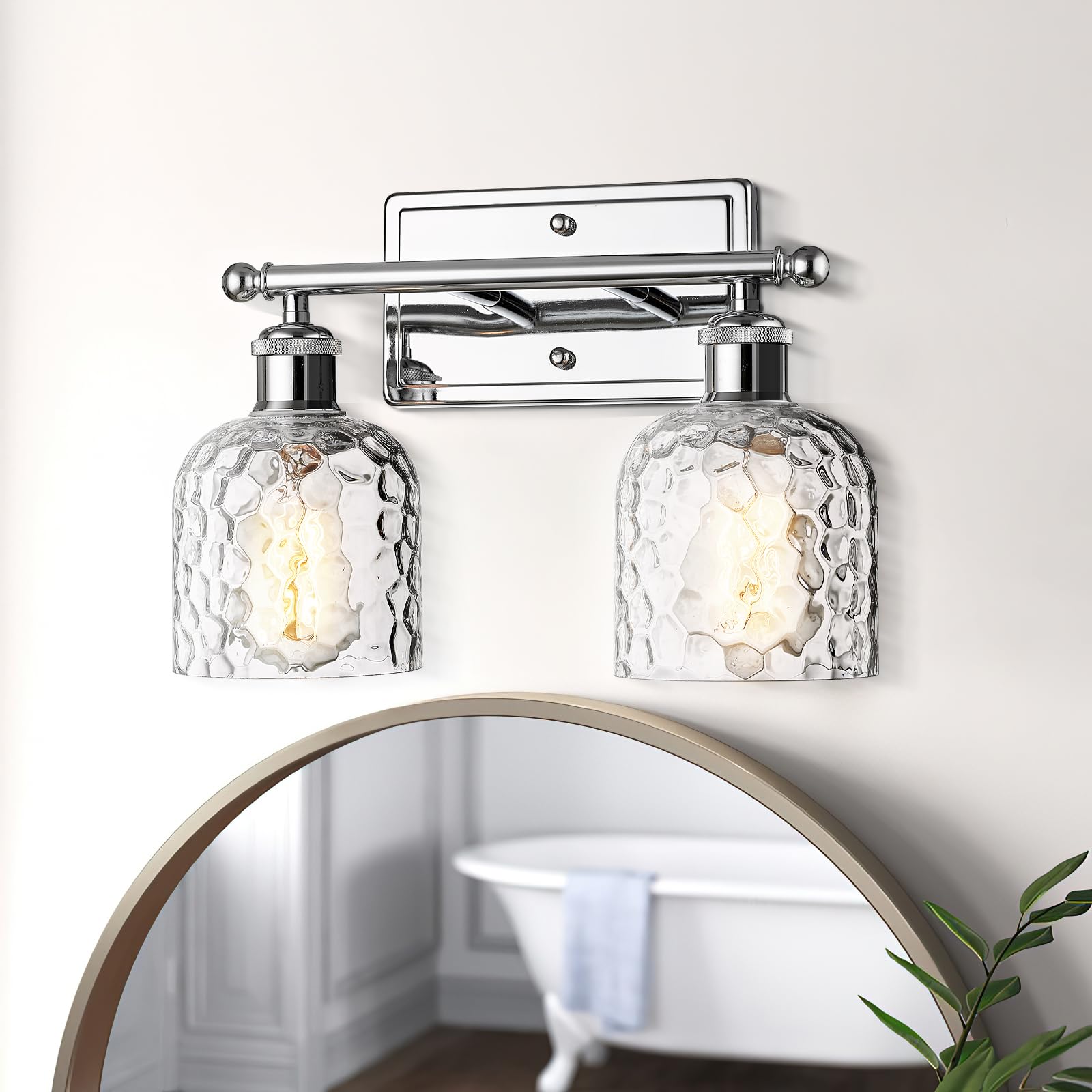 Modern Vanity Lights for Bathroom, Industrial 3-Light Chrome Bathroom Lights with Hammered Glass Shade, ZJF63B-3W CH