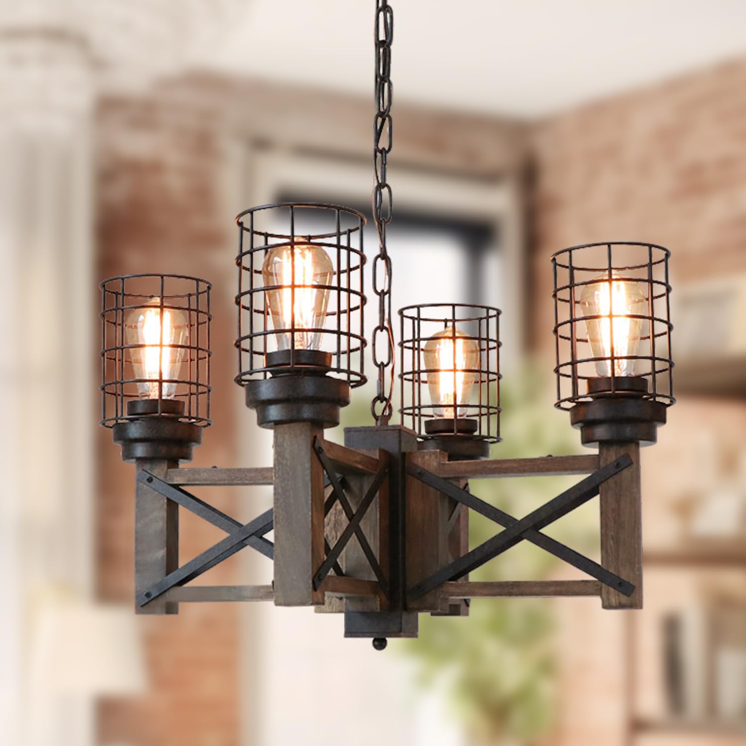 Wood Farmhouse Cage Rustic Chandelier Kitchen Island 4 Lights, 23.9" Industrial Dinning Table Pendant Lamp Vintage Edison Ceiling Light Fixture, Brown & Black(C0074)