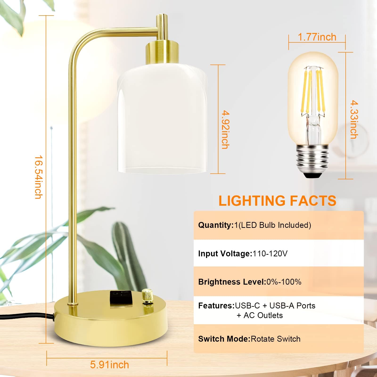 Industrial Table Lamp, Stepless Dimmable Gold Desk Lamp with 2 USB Ports and AC Power Outlet, Frosted GlassShade, Eye-Caring Bedside Nightstand Lamps(Some of The knobs are defective)